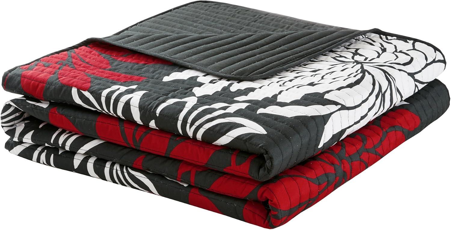 Comfort Spaces Full/Queen Size Quilt Set, 3-Piece Floral Bedspread Bedding Set, Red and Black Coverlet Set for All Season, Lightweight Comforter Set