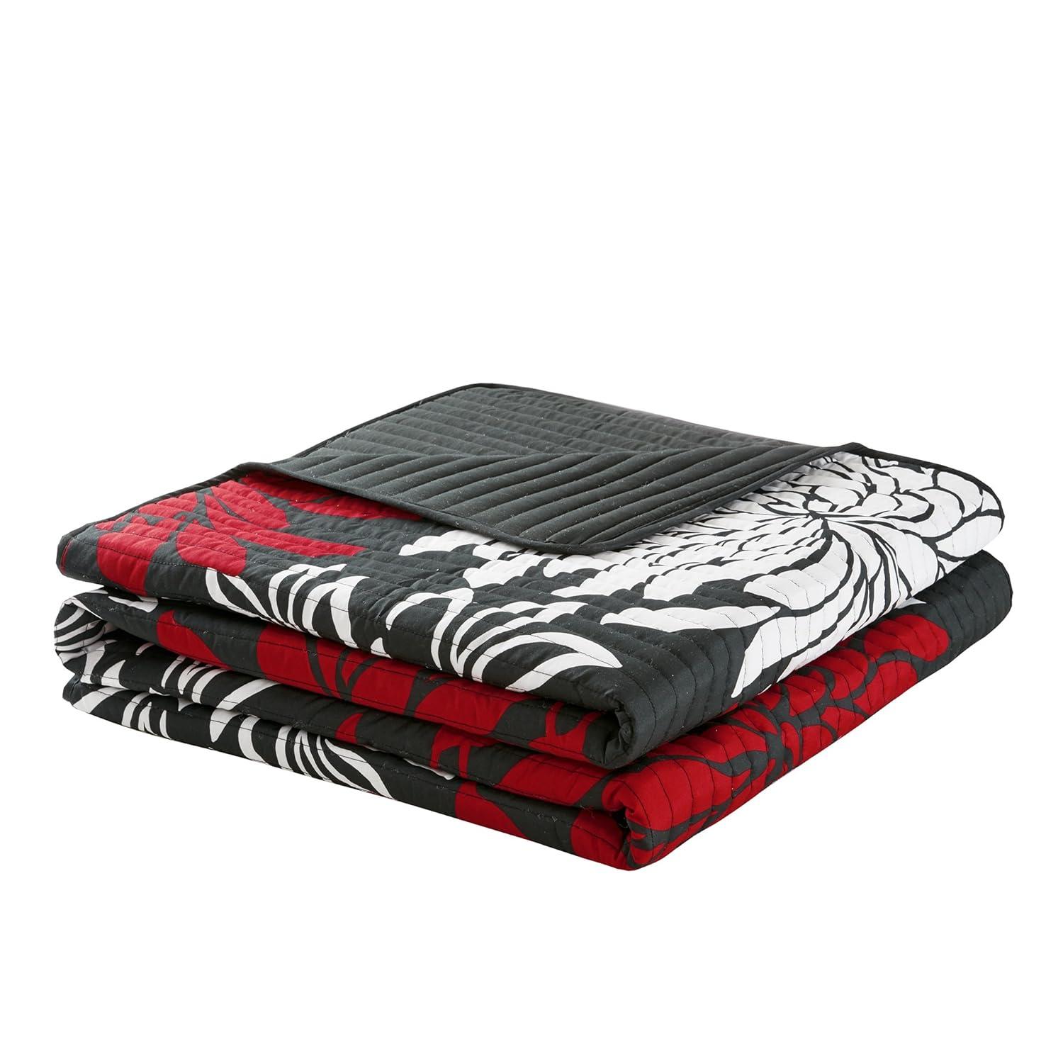 Comfort Spaces Full/Queen Size Quilt Set, 3-Piece Floral Bedspread Bedding Set, Red and Black Coverlet Set for All Season, Lightweight Comforter Set