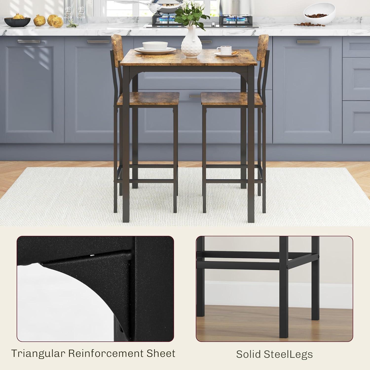 HOMCOM 3 Piece Bar Table and Chairs Set, Industrial Small Dining Table Set for 2, Square Kitchen Table and Stools, Rustic Brown and Black