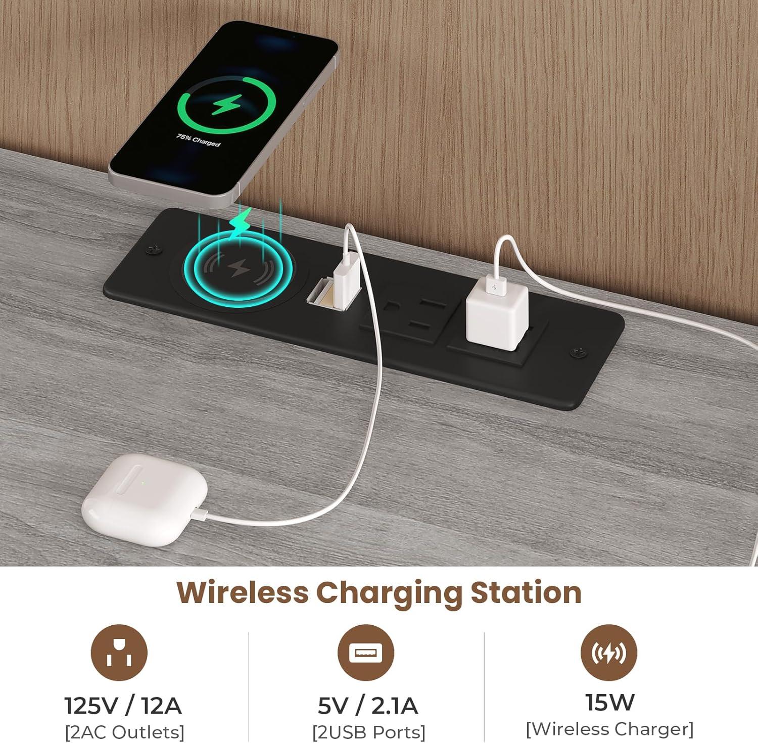 Exlonjet Black Nightstand with Wireless Charging Station and LED Lights, Bedside Table with 2 Drawers, Open Storage, 1 Pull-Out Tray, End Side Table with Charging Station, LED Night Stand with Storage
