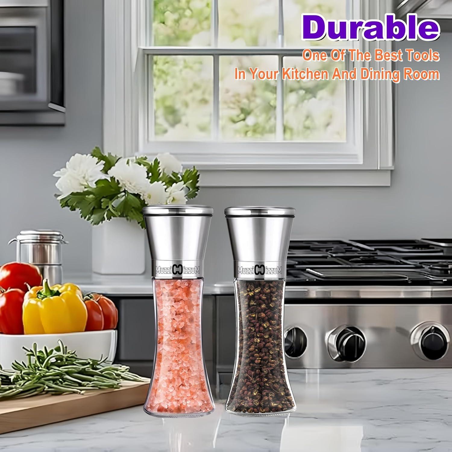 Textiles Hub Premium Salt And Pepper Grinder Set Of 2 - Two Refillable Stainless Steel Sea Salt & Spice Shakers With Adjustable Coarse Mills - Easy Clean Grinders Funnel & Cleaning Brush