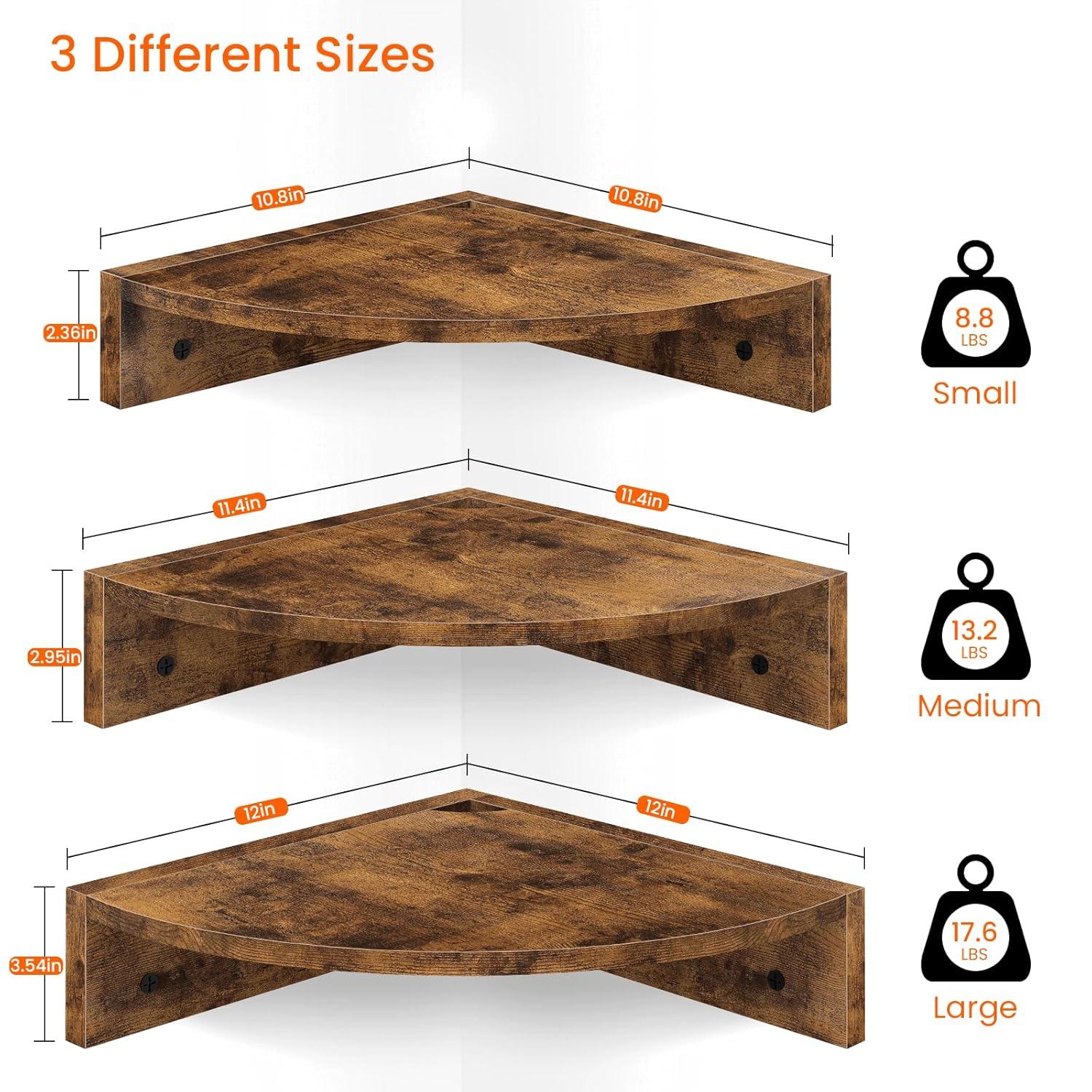 Homode Corner Shelf Wall Mount, Set of 3 Floating Corner Shelves with Cord Hole, 3 Tier Wood Wall Display Shelf, Storage for Bathroom Living Room Kitchen Bedroom, Rustic Brown and Black