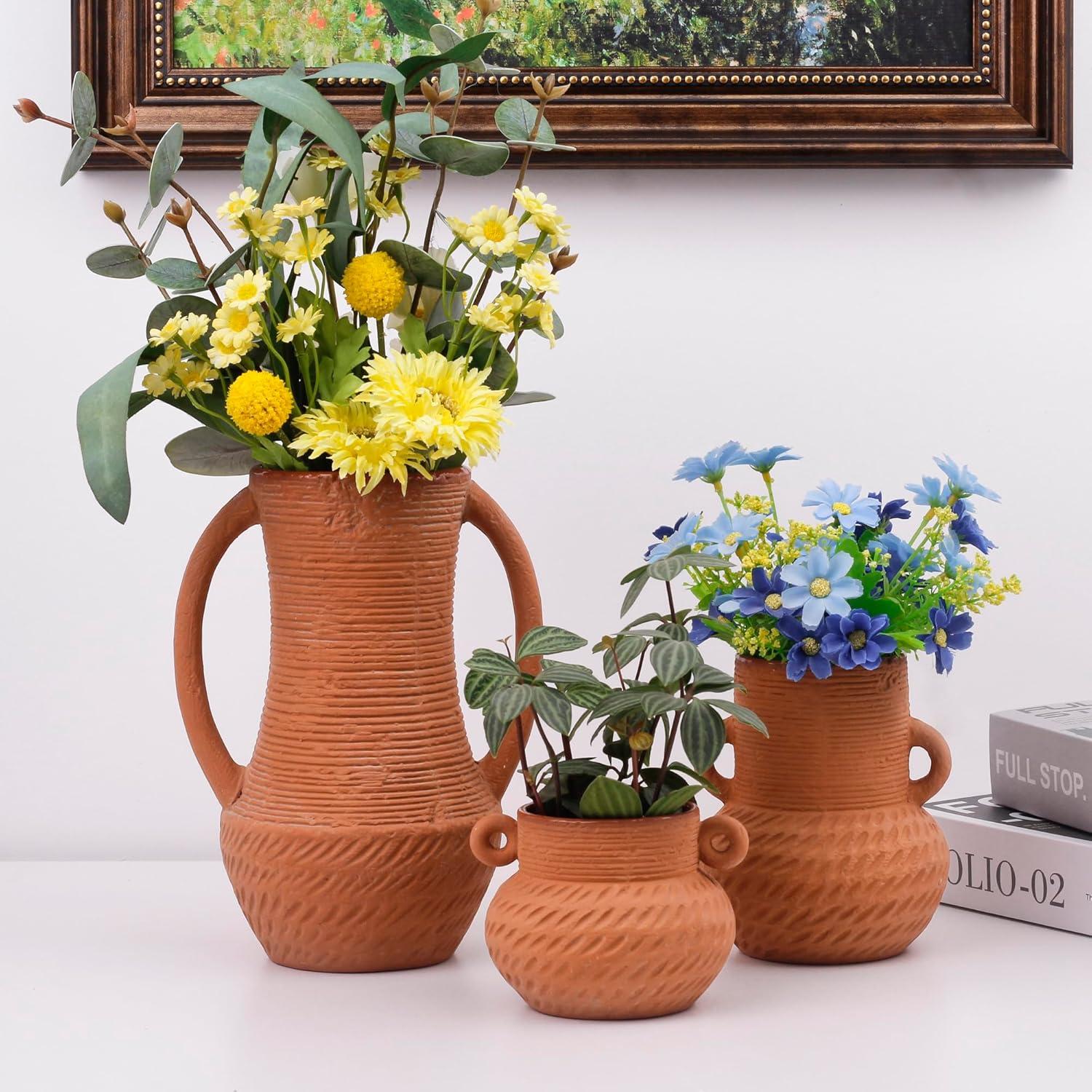 Terracotta Vases Sets, Farmhouse Decor, Ceramic Vase for Flower, Wide Mouth Rustic Home Decor Vases for Flowers, Living Room,Table,Shelf and Accessories (3)