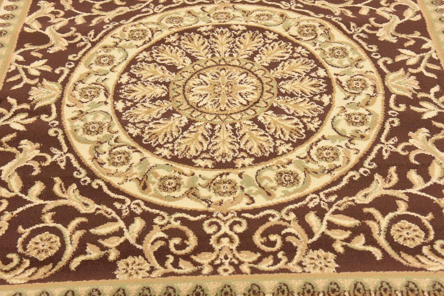 Elegant Medallion 6' Square Brown Synthetic Area Rug