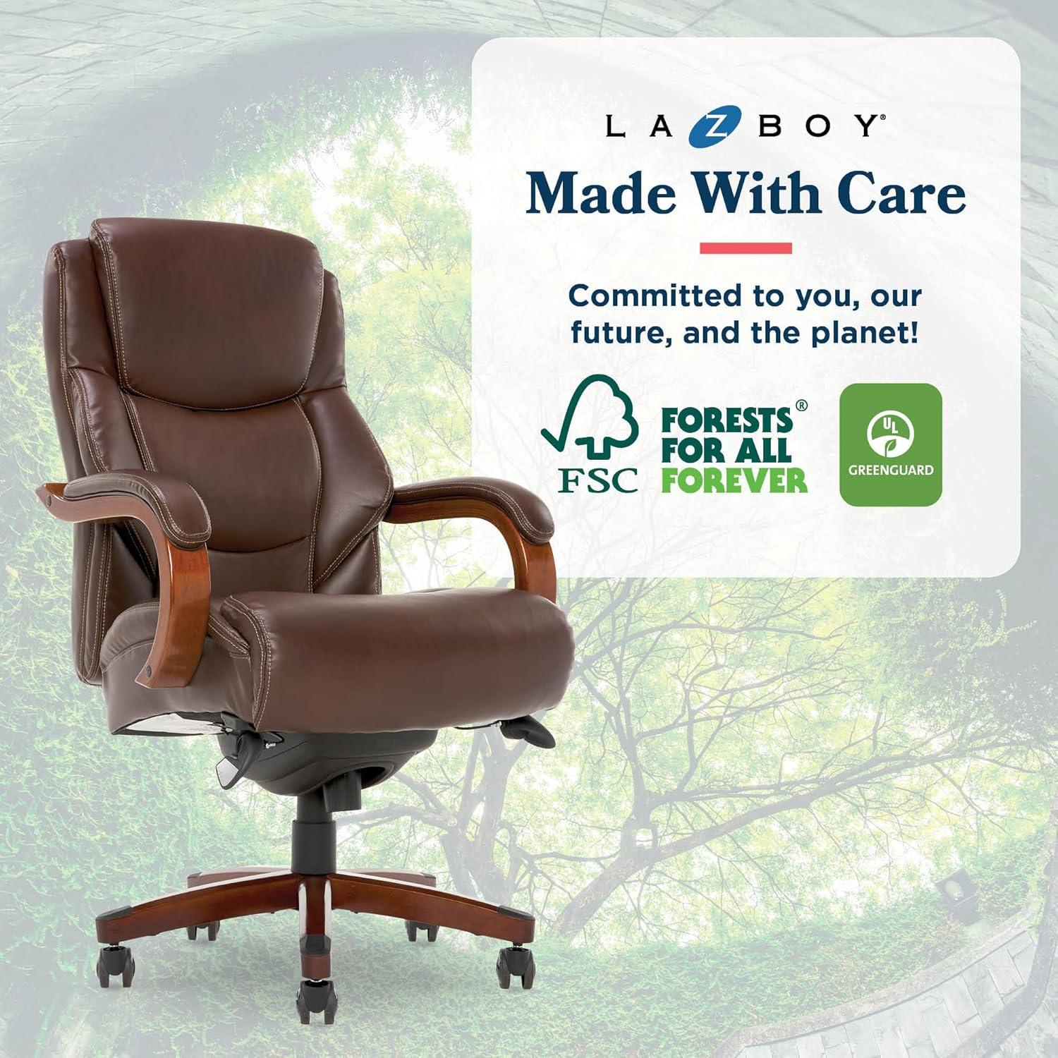 La-Z-Boy La-Z-Boy Delano Big & Tall Executive Office Chair, Ergonomic Mid-Back with Body Pillow Lumbar Support, ComfortCore® with Memory Foam Cushion, Mahogany Wood Arms and Swivel Base, Bonded Leather