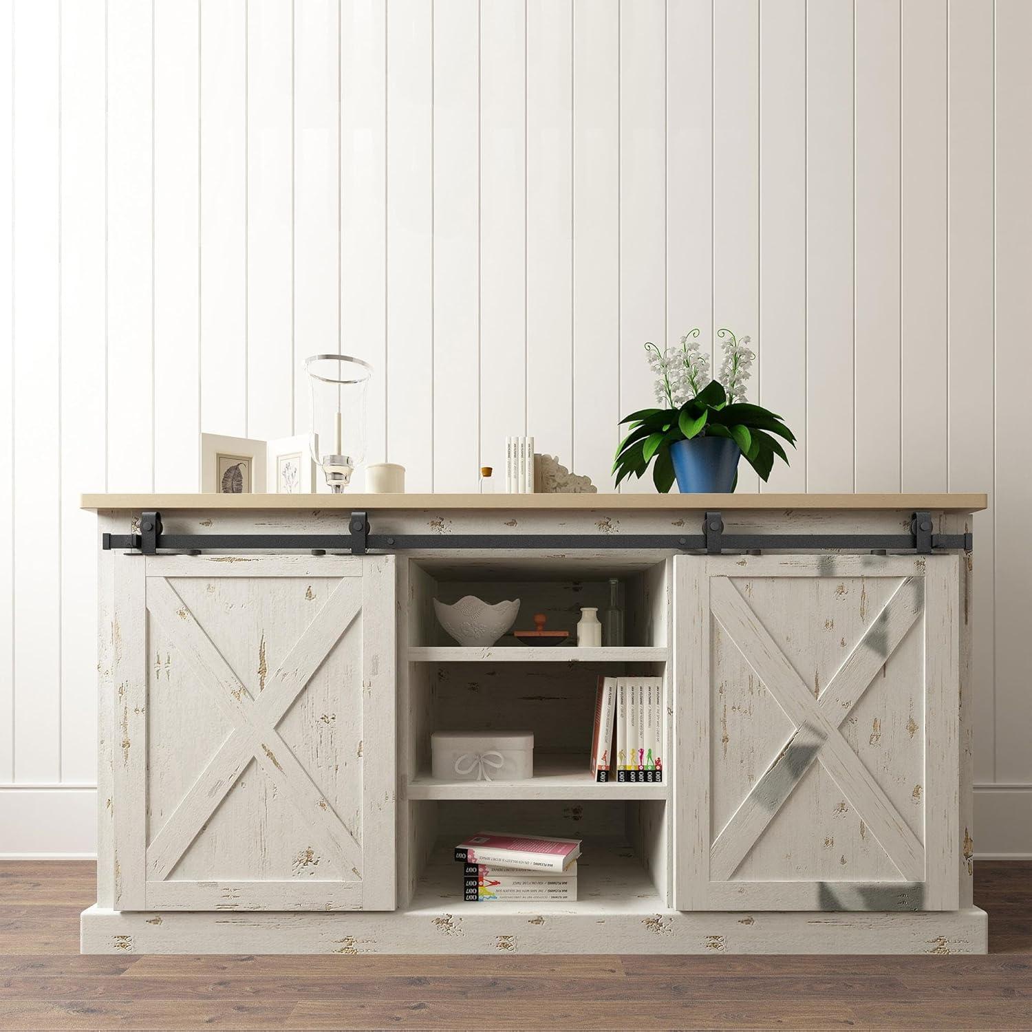 Architectural Products 60" Mini Barn Door Hardware Kits for Double Cabinet Doors Top Mount Design in Matte Black FSDH-TOPMT-BK-5-DD trimmable Down to 55" No TV Stand