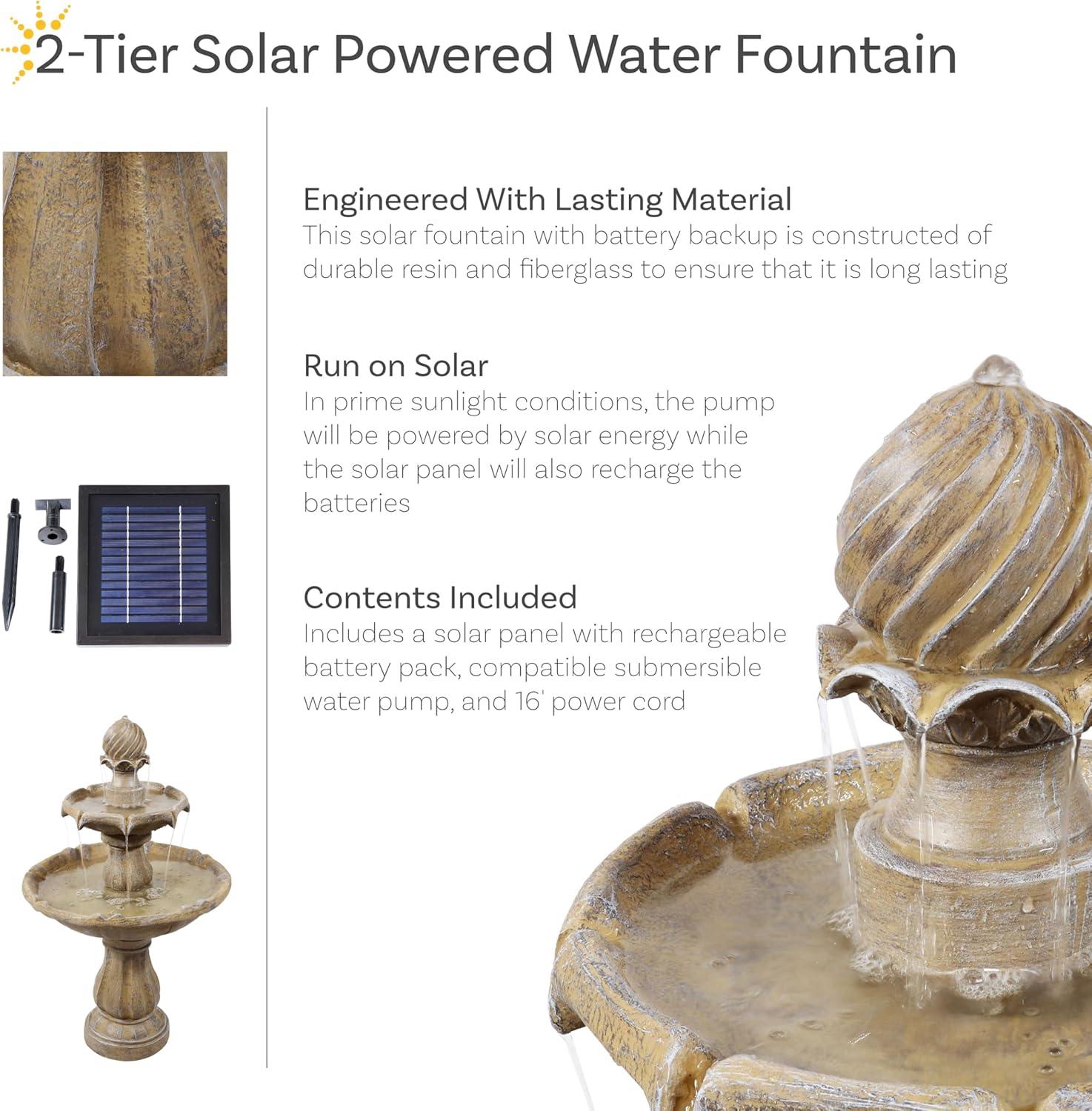 Sunnydaze Outdoor 2-Tier Solar Powered Water Fountain with Battery Backup and Submersible Pump - 35" - Earth Finish
