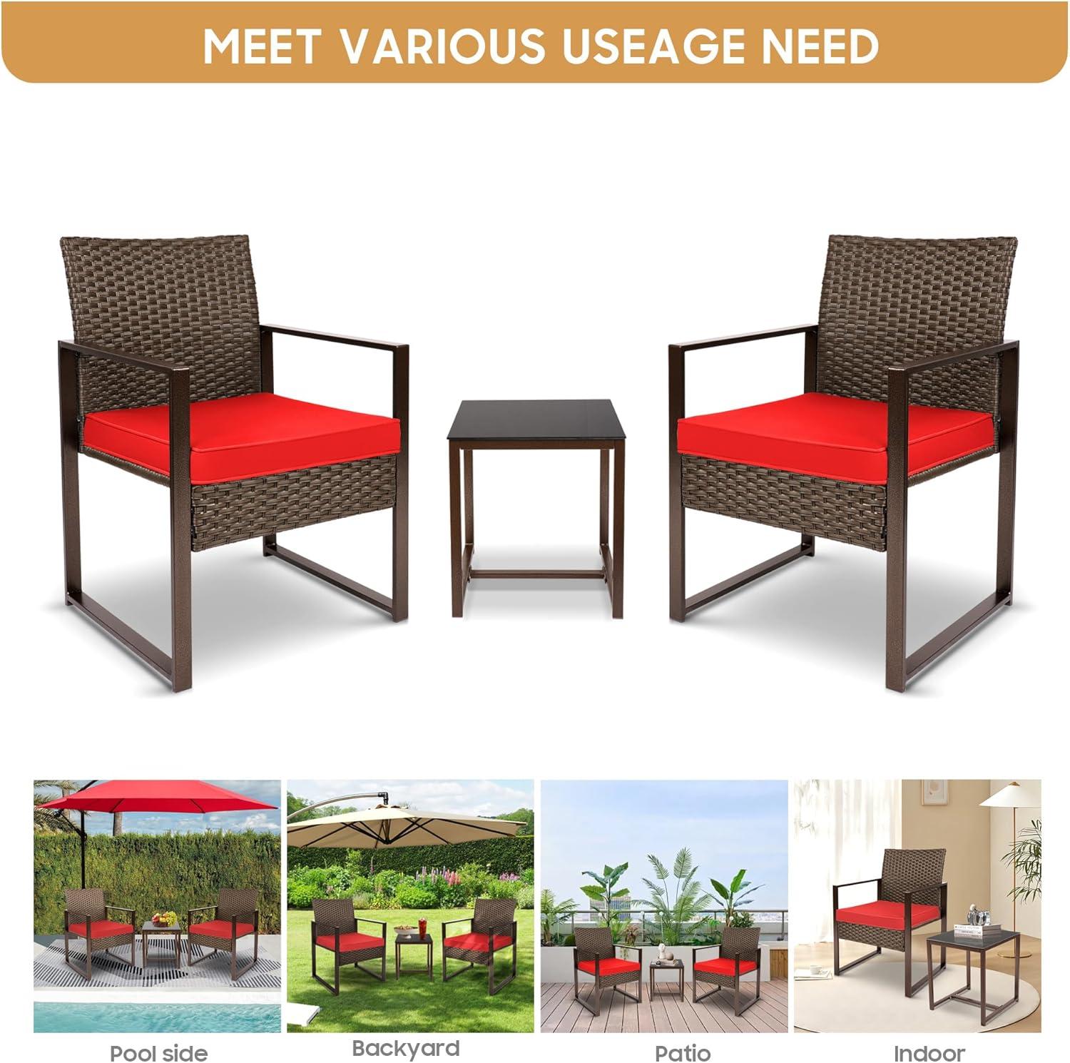 Red 3-Piece Steel and Rattan Outdoor Furniture Set with Black Glass Table