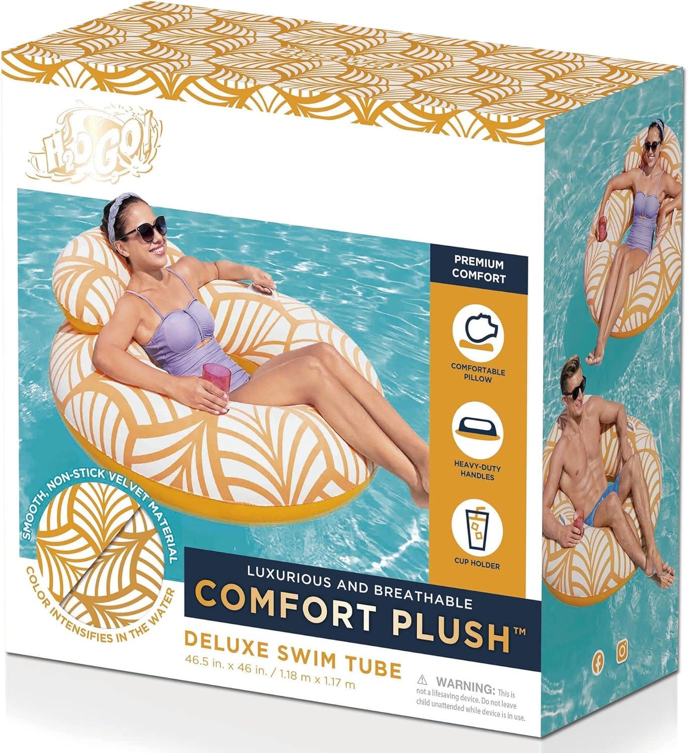 Bestway Bestway H2OGO! Comfort Plush Deluxe Swim Tube 46.5" x 46"  - Yellow & White, Inflatable Water Float, Built-In Cupholder