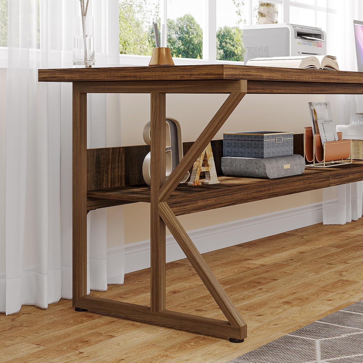 Brown Wood 79-Inch Double Desk with Storage Shelf