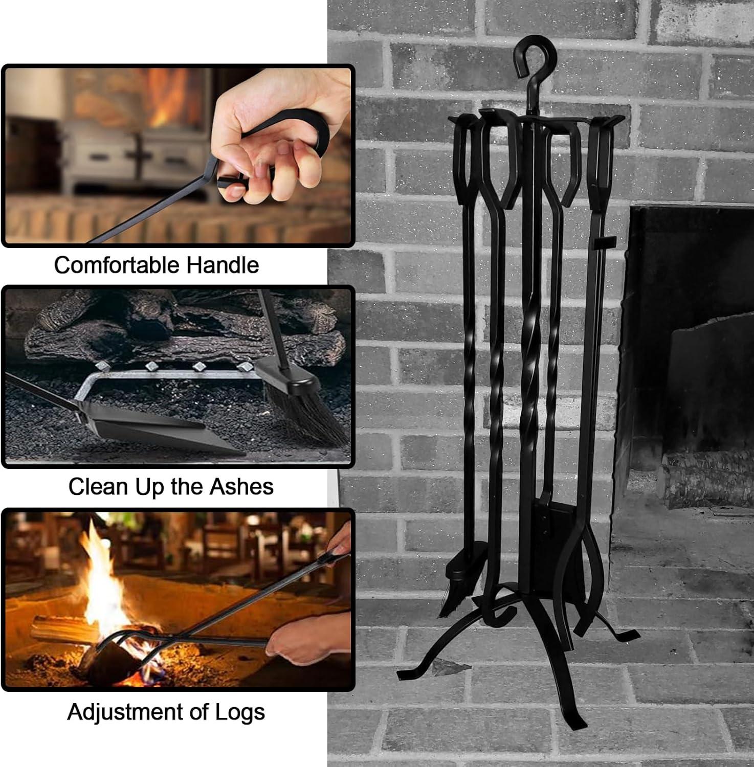 Amagabeli 5 Pieces Fireplace Tools Set Indoor Wrought Iron Fire Set Fire Place Pit Large Poker Wood Stove Log Firewood Tongs Holder Tools Kit Sets with Handles Modern Black Outdoor Accessories Kit