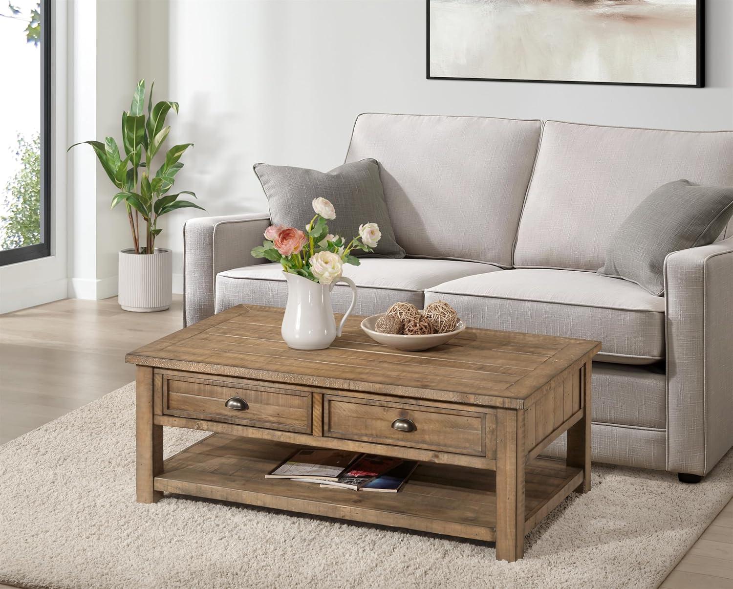 Coastal Style Rectangular Wooden Coffee Table with 2 Drawers, Brown- Saltoro Sherpi