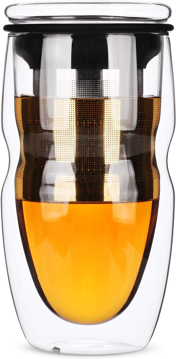 Clear Double Wall Glass Tea Cup with Stainless Steel Infuser, 16oz