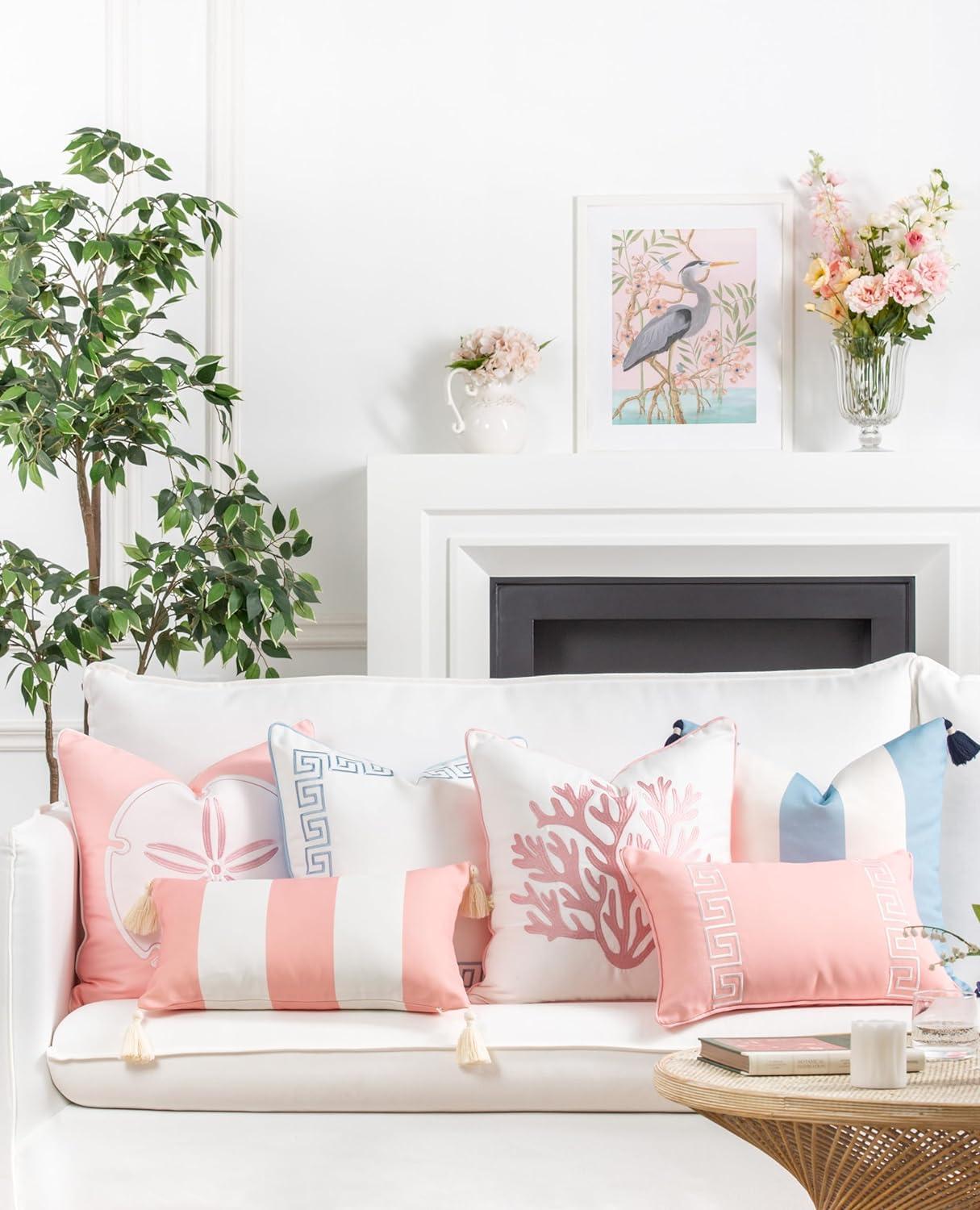 Hofdeco Premium Coastal Patio Indoor Outdoor Throw Pillow Cover Only, 20"x20" Water Repellent for Backyard, Couch, Blush Pink Embroidered Sea Life Coral with Piping