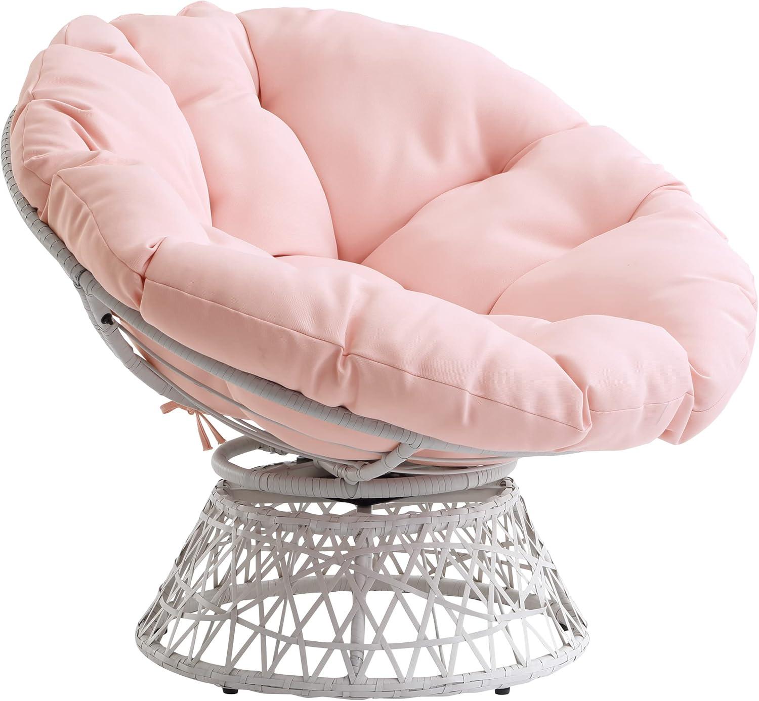 Papasan Chair with Pink Round Pillow Fabric Cushion and Cream Wicker Weave