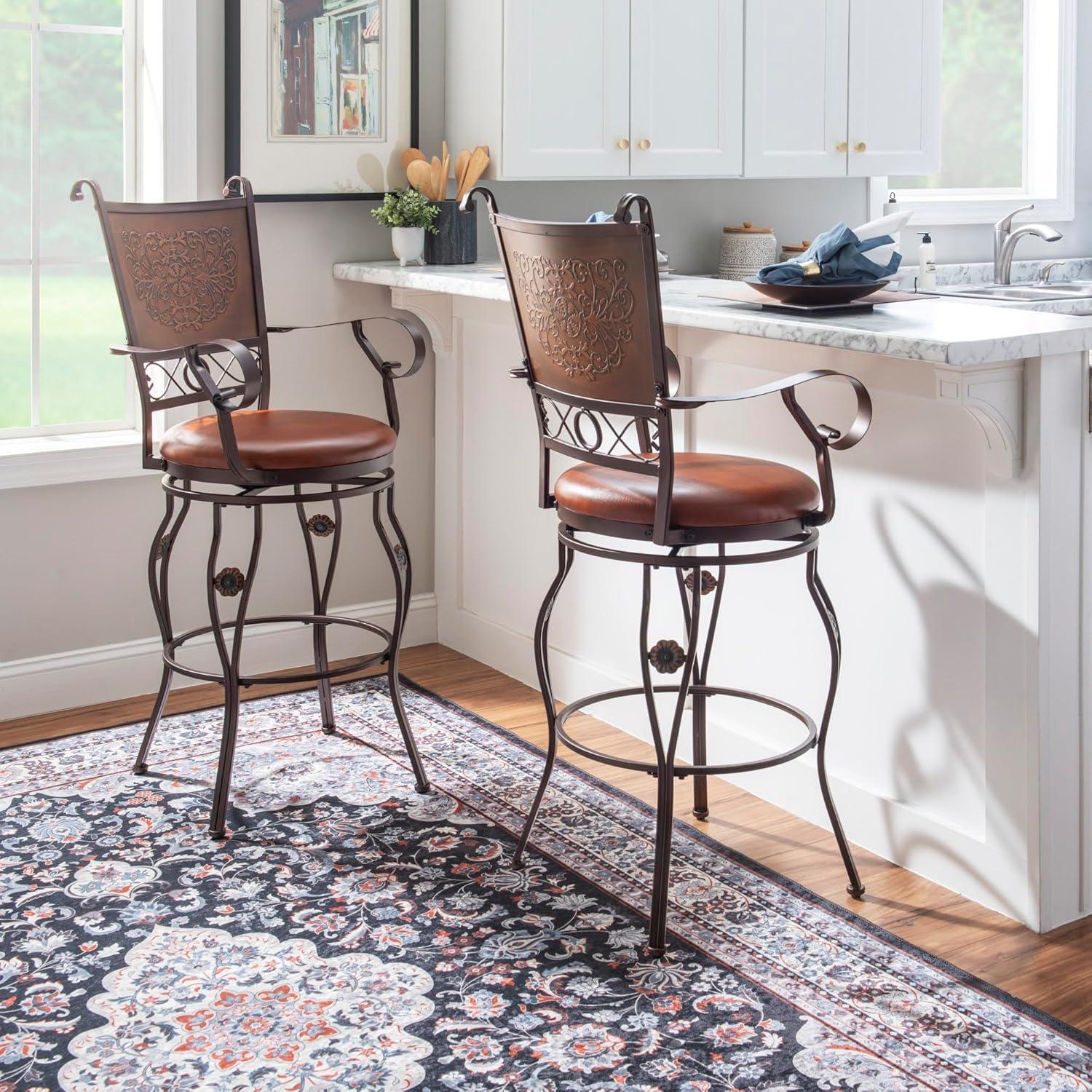 Powell Beatrix Big & Tall 30" High Back Indoor Copper Stamped Round Metal Bar Stool wth Swivel, Bronze/Warm Rust Faux Leather