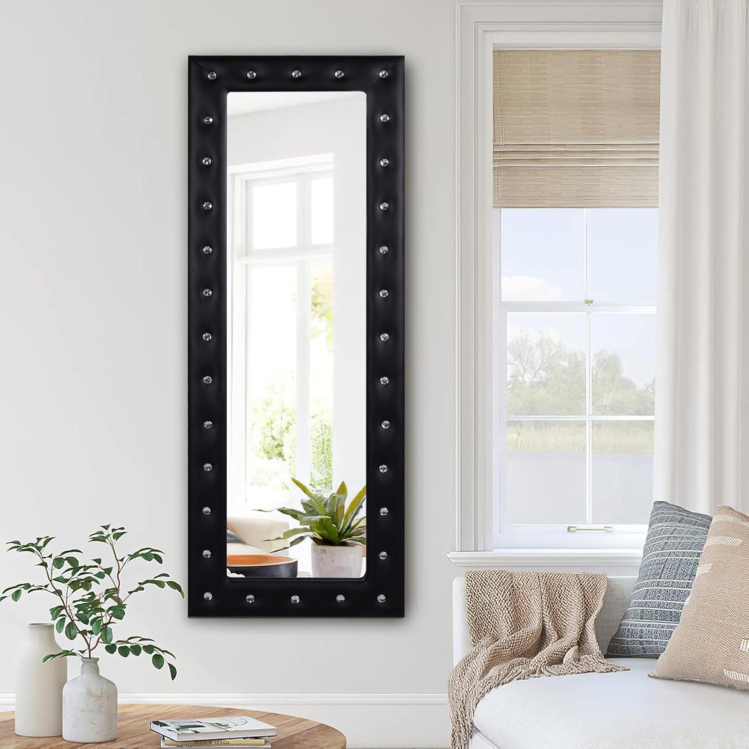 Crystal tufted Full length Mirror, Floor Mirror, Full Body Mirror for Home, Wall Mirror with Faux Wood Frame, 63"LX22"W Large Mirror for Bedroom, Leaner Mirror, Black Mirrors for Wall,