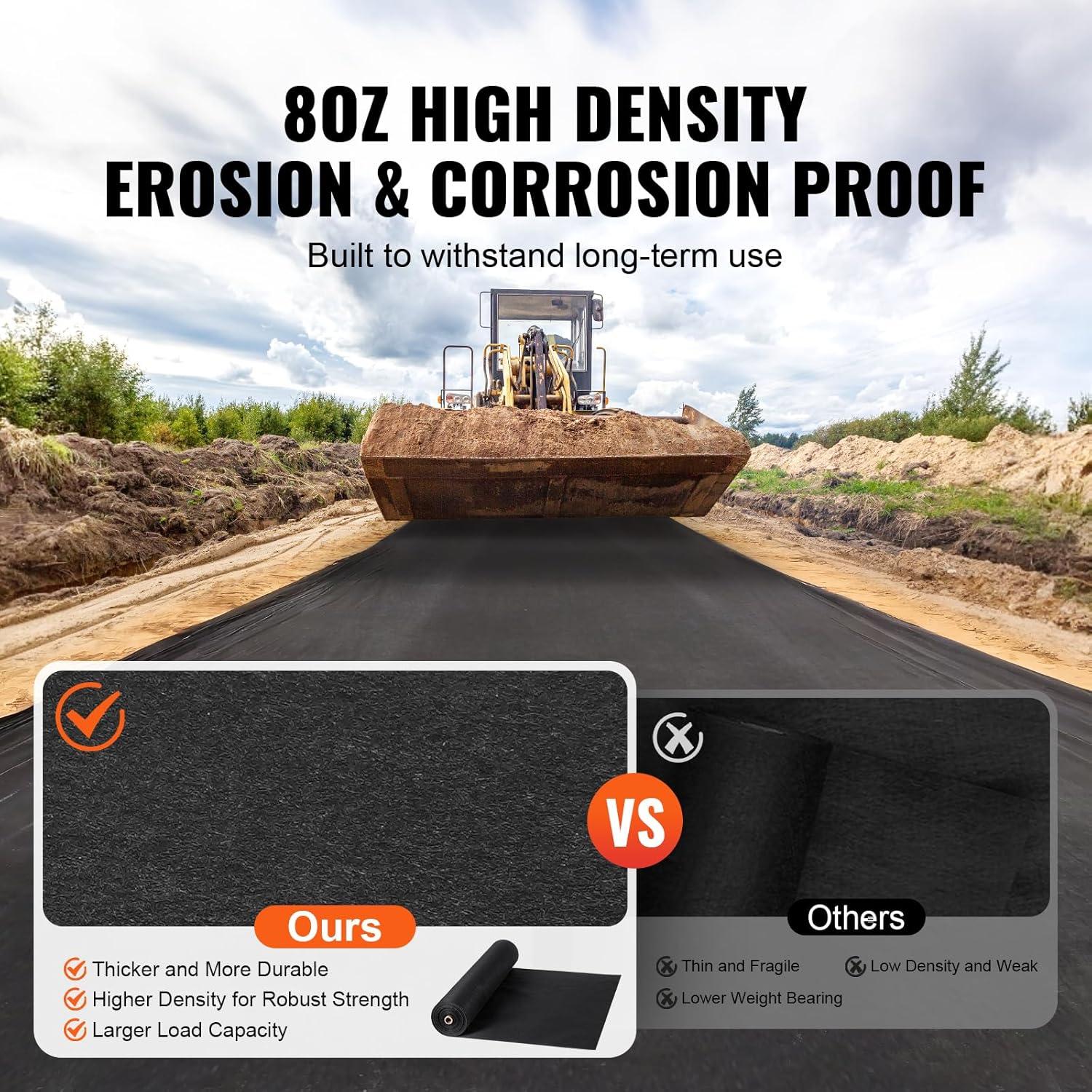 VEVOR 6FTx100FT Non-Woven Geotextile Heavy Duty 8oz Driveway Underlayment for Gravel, Ground Cover, Garden Weed Barrier, Drainage Fabric, Landscaping, Black