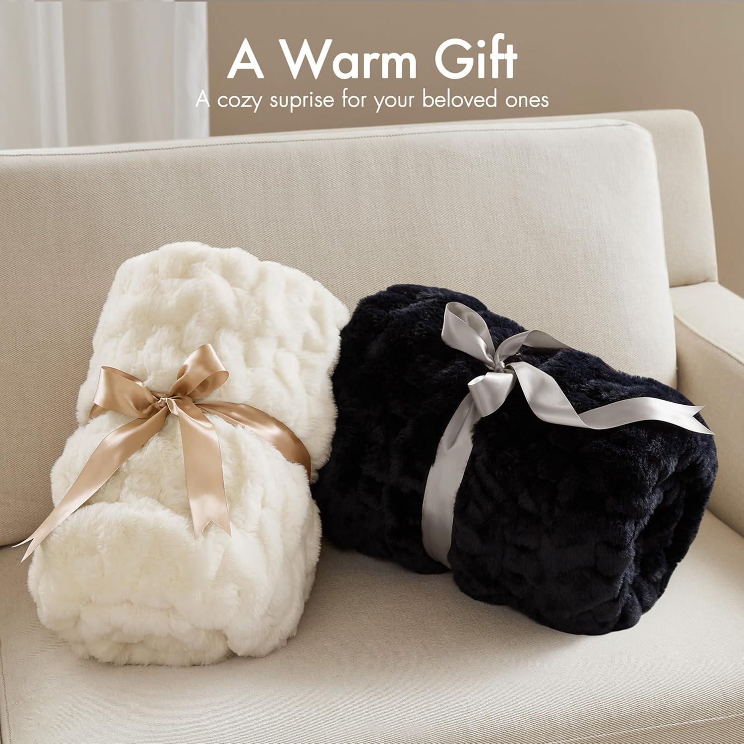 Madison Park Ivory Ruched Fur Throw 50x60"
