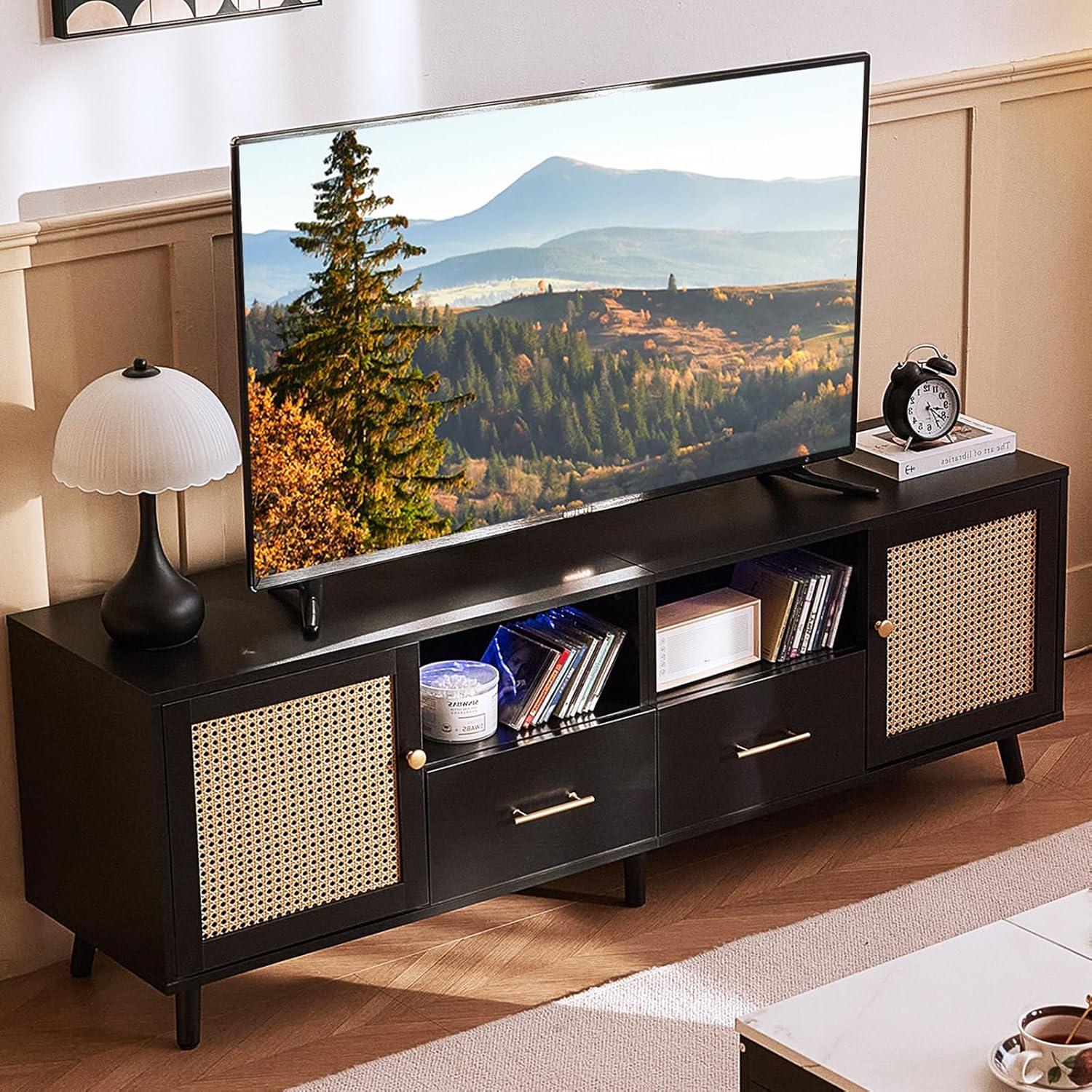 Bay Isle Home™ Heyer Large Wood Rattan TV Stand for TVs up to 75" with LED Light and Charging Station, Coastal Media Console Table, Multimedia Storage Furniture with 2 Drawers, Lighting TV Cabinet
