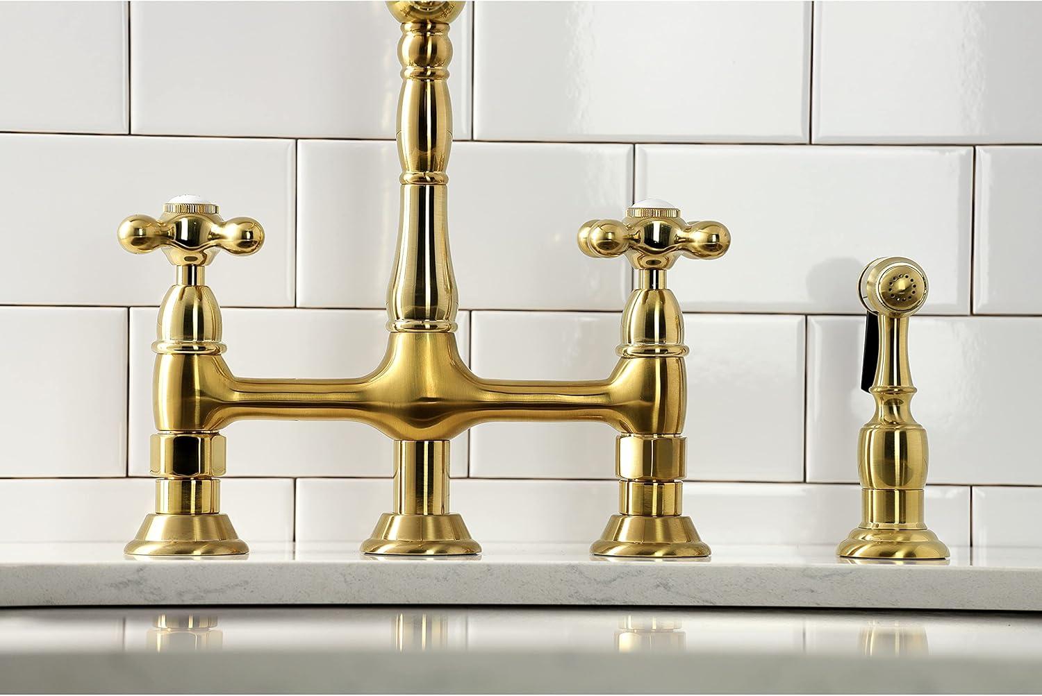 Kingston Brass Heritage Two-Handle 4-Hole Deck Mount Bridge Kitchen Faucet with Brass Side Sprayer