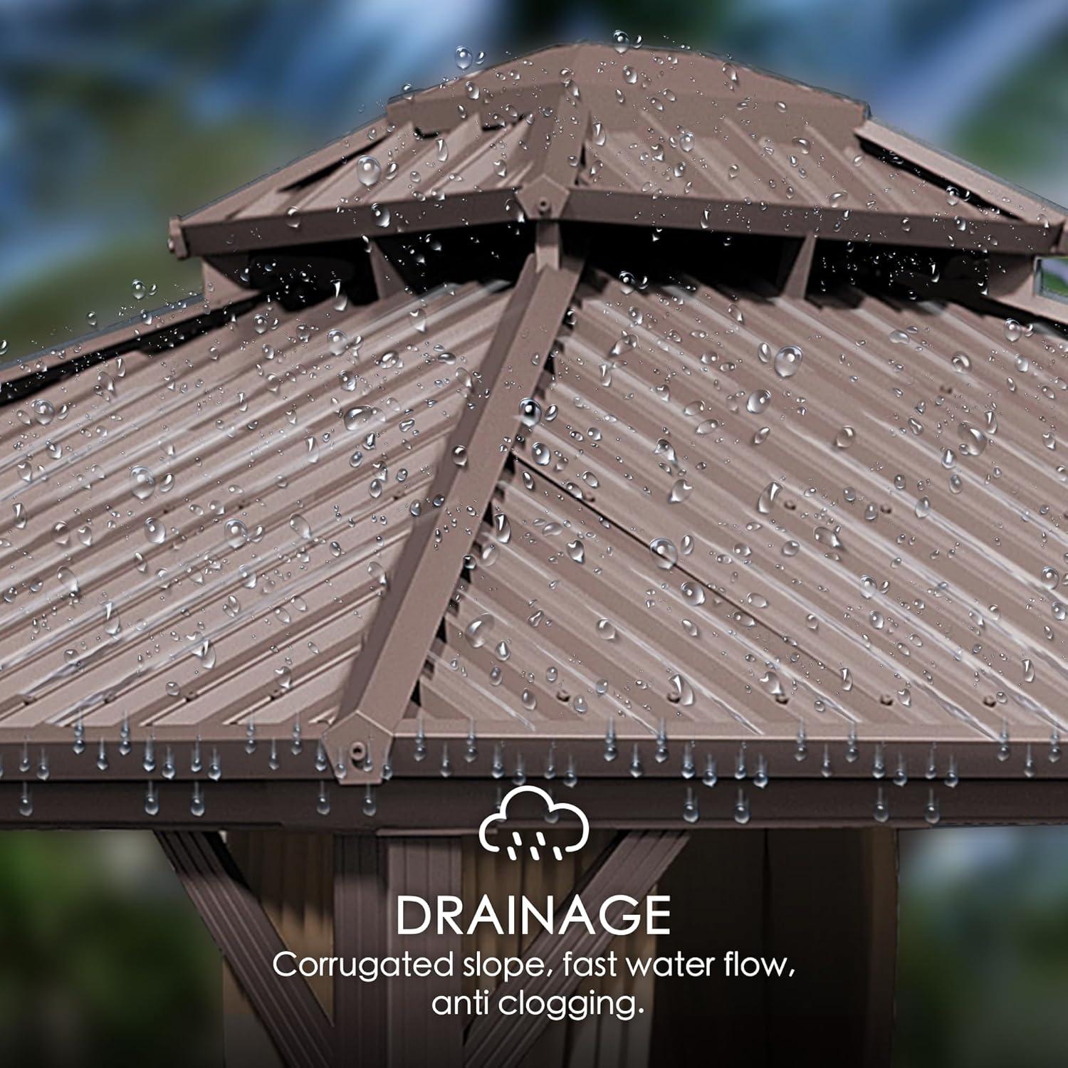 Kozyard Alexander 10?x12? Dark Brown Double Roof Hardtop Gazebo with Curtain and Mosquito Netting