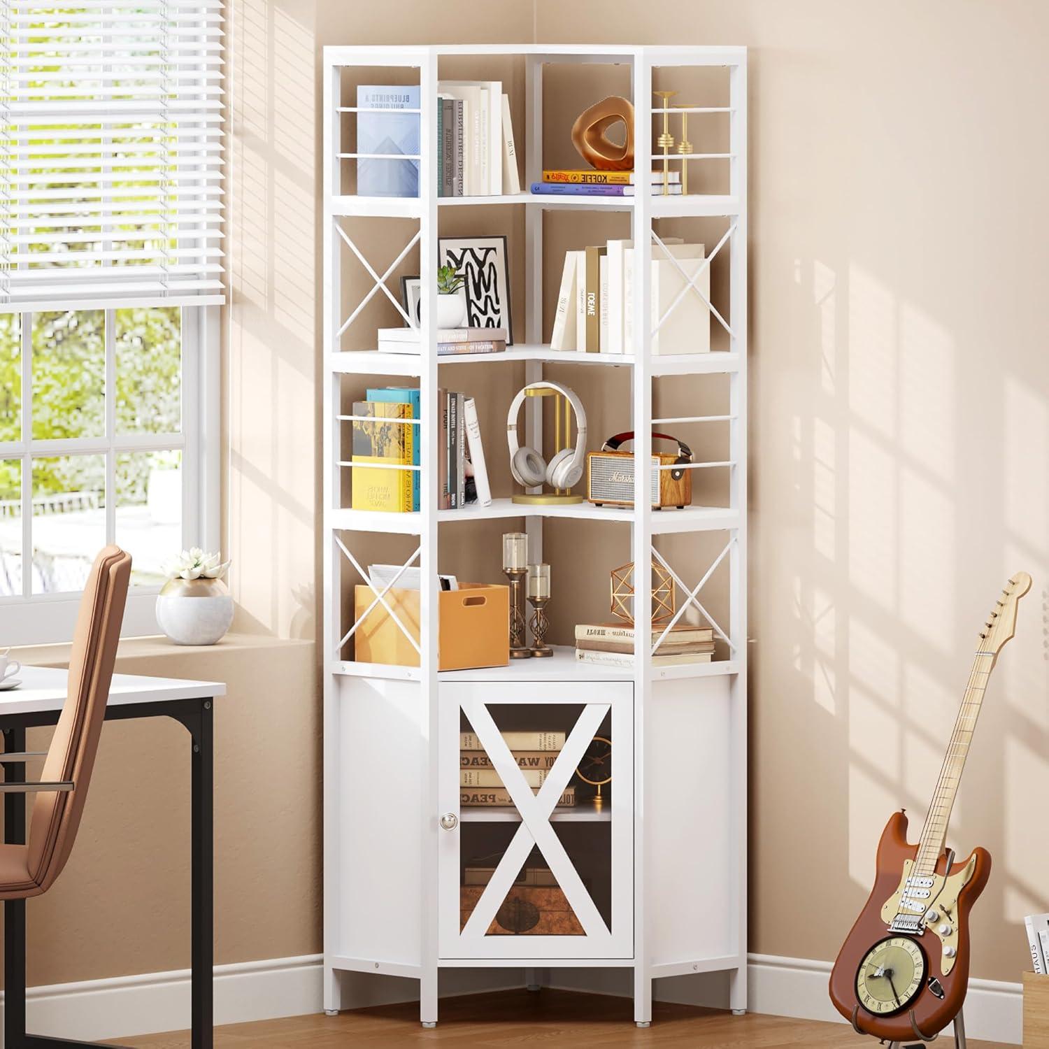 White 7-Tier Corner Bookshelf with Doors and Storage