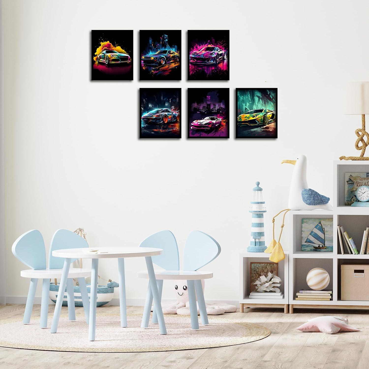 Car Wall Art Prints Set of 6 Street Racing Car Posters Fashion Wall Decor Colorful Landscape Car Paintings Modern Car llustration Aesthetic Photo Picture Canvas Art Painting for Living Room Hallway