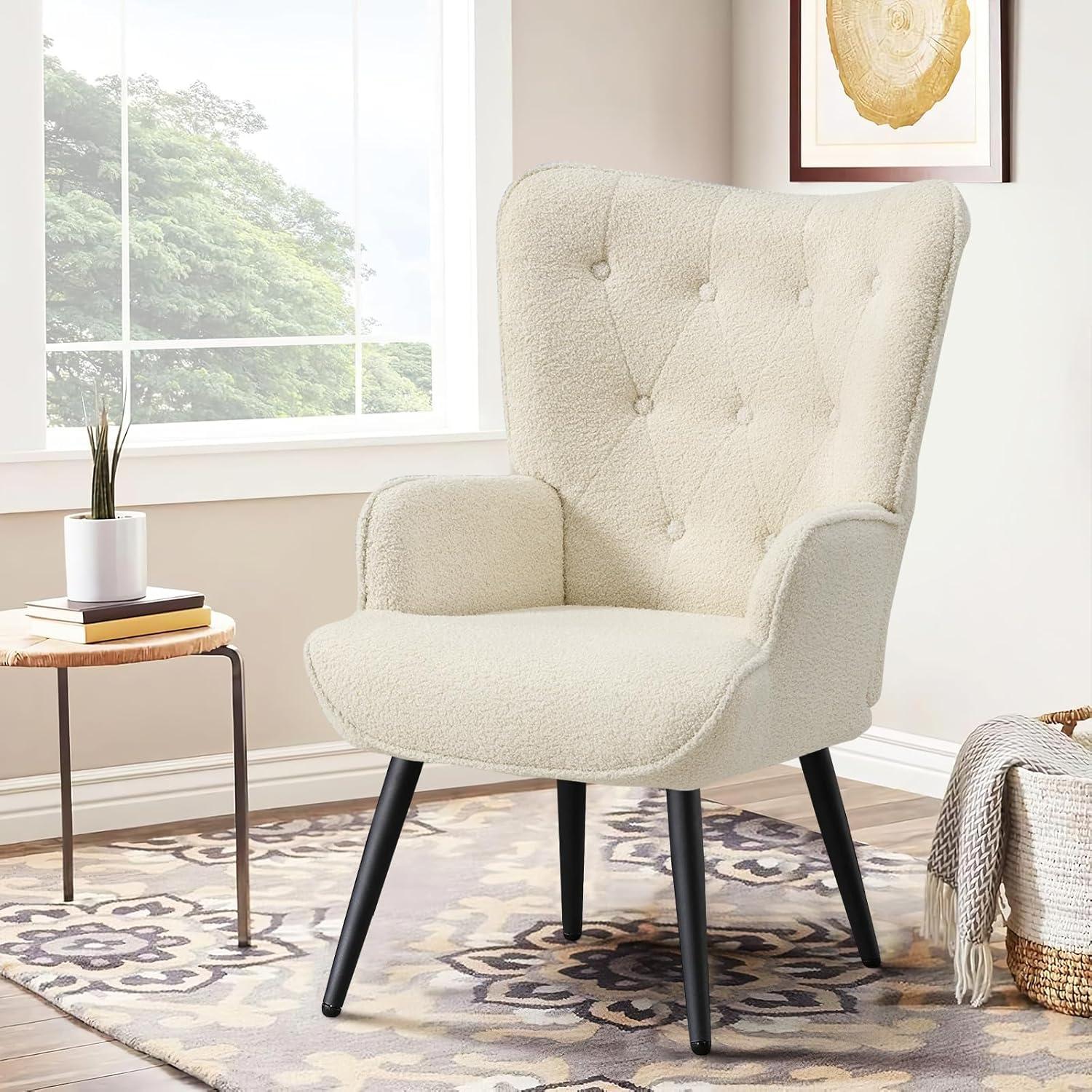 Furniliving Tufted Button Wingback Chair Upholstered Sherpa Accent Chair with Wide Arm Modern Leisure Club Chair, Lvory white