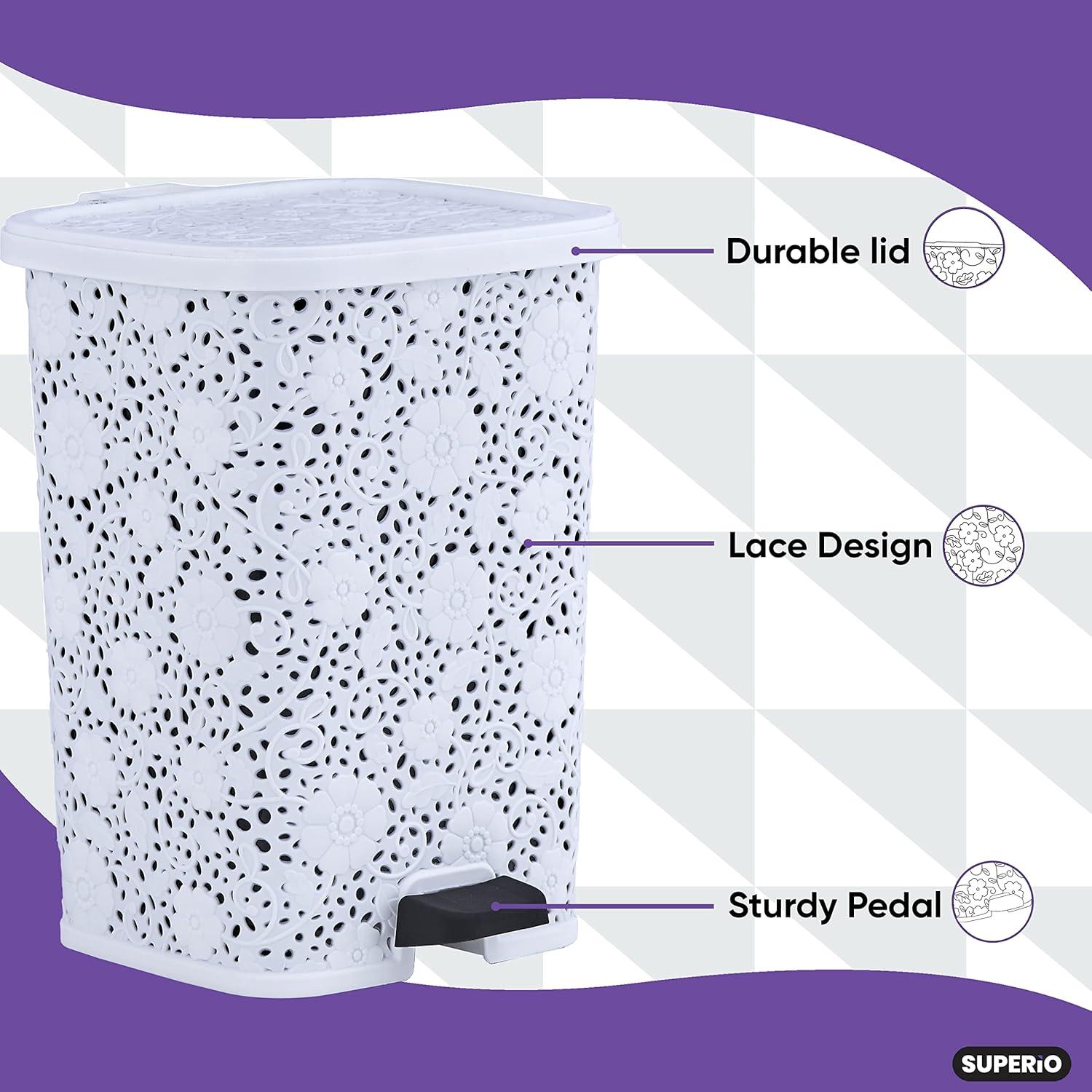 White Lace Design Plastic Step-On Trash Can with Pedal