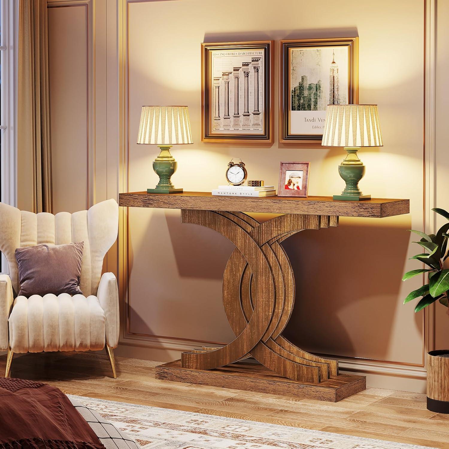 Tribesigns Modern 39-inch Console Tables, Farmhouse Entryway Table with Geometric Base, Wooden Narrow Hallway Table/Sofa Table for Living Room, Brown