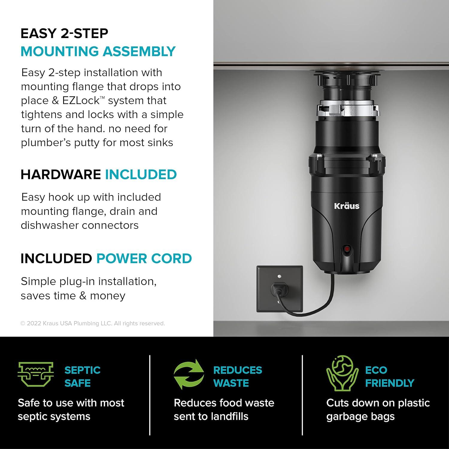 Kraus 1/3 HP WasteGuard High-Speed Ultra-Quiet Motor Garbage Disposal with Quick Connect Mount