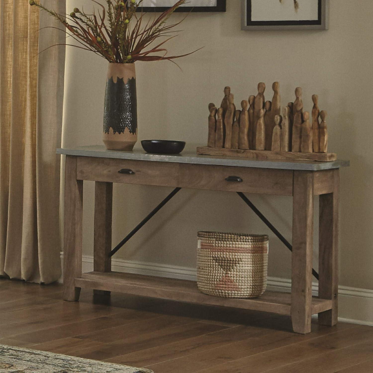 Alaterre Millwork 50" Wood and Zinc Metal Console/Media Table with Two Drawers, Amber/Silver