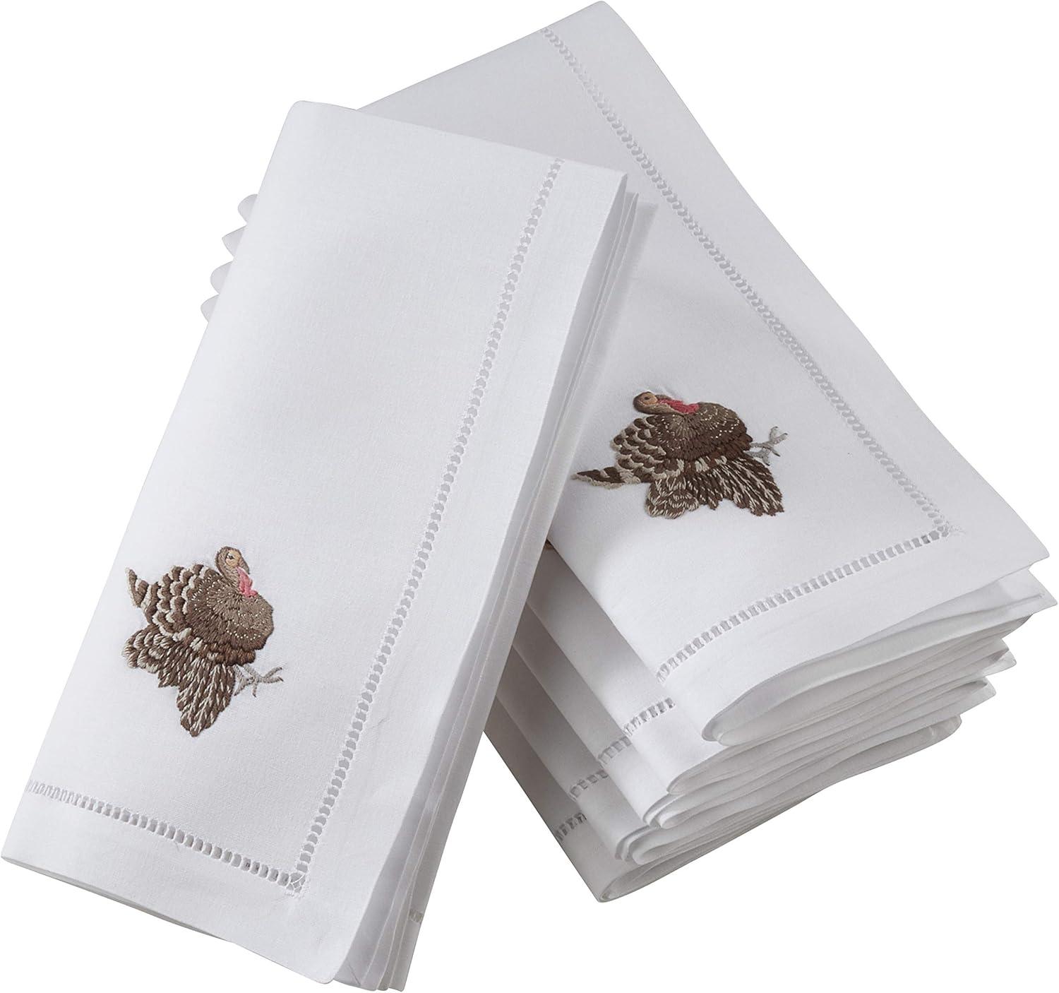 Saro Lifestyle Embr'd Turkey Hemstitch Napkin, 20" Square, White (Set of 6)