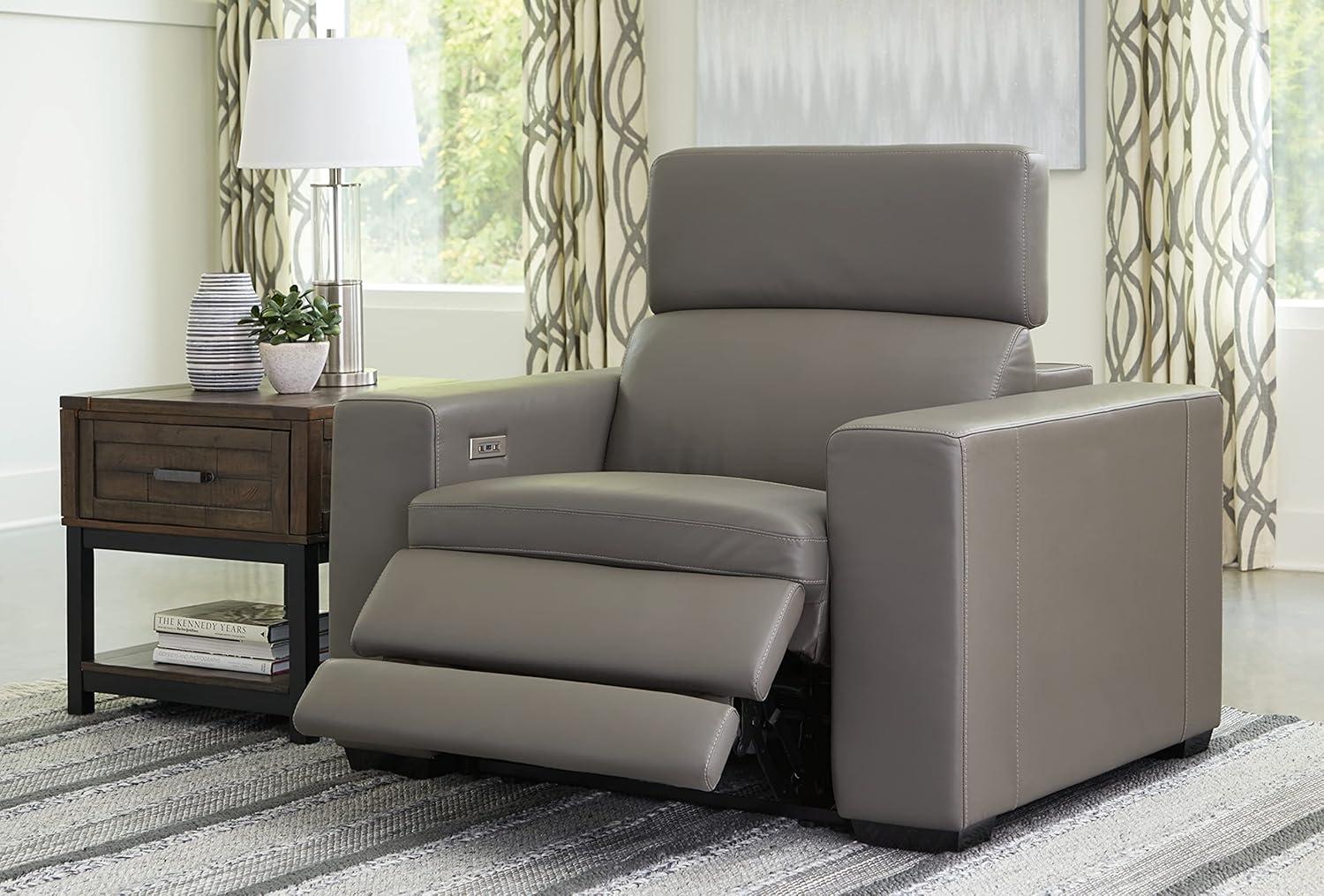 Ashley Furniture Texline Leather Power Recliner with Headrest in Gray