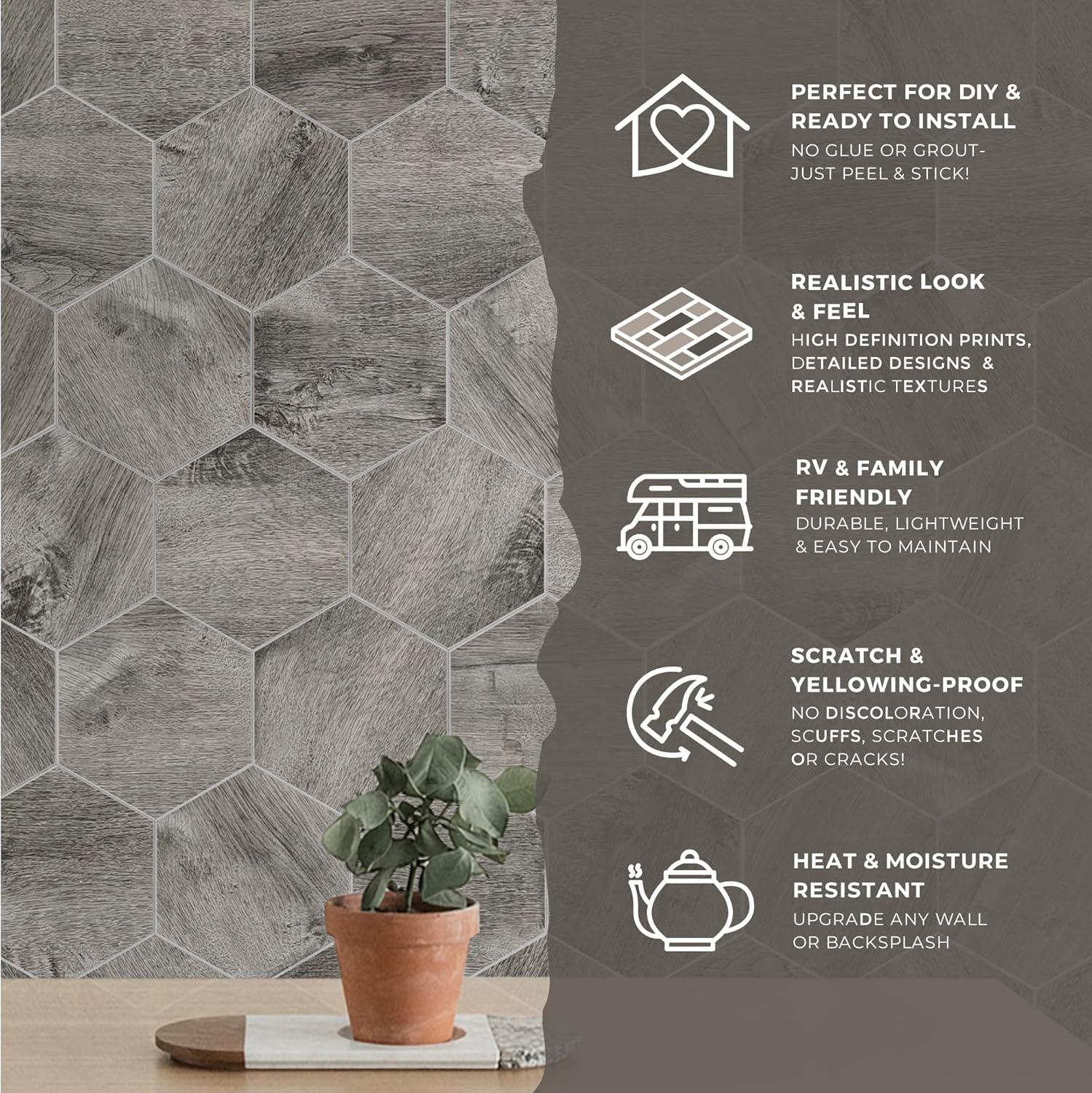 Bex 6" x 6.9" Hexagon Stone Composite Peel & Stick Wall Tile