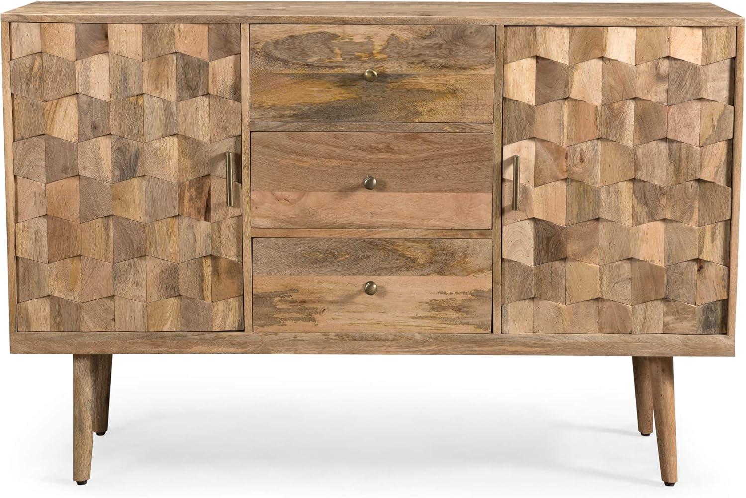 Natural Mango Wood Mid-Century Modern Sideboard with 3D Design