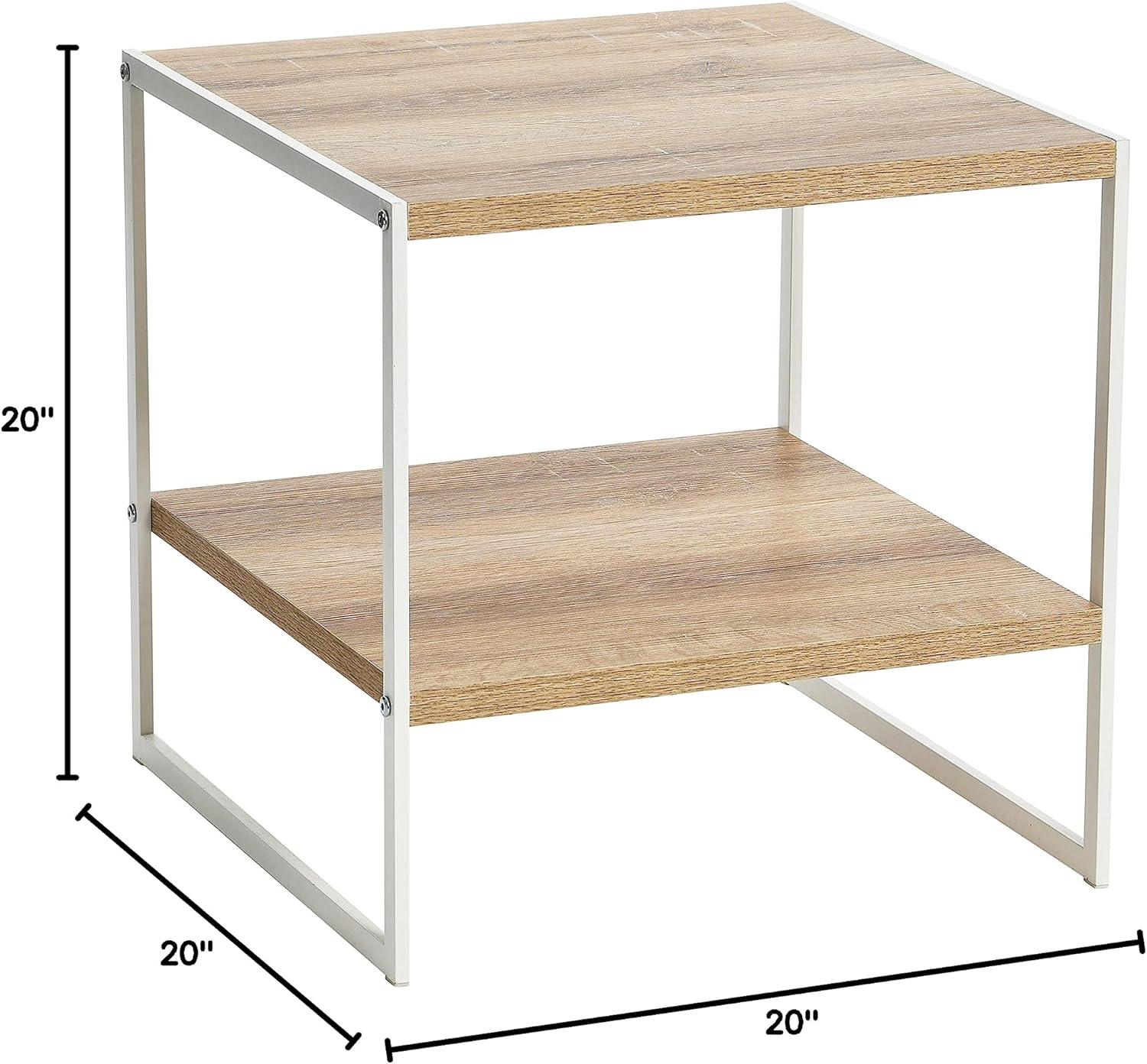 Household Essentials Jamestown Square Side End Table with Storage Shelf Coastal Oak Rustic Wood Grain and White Metal