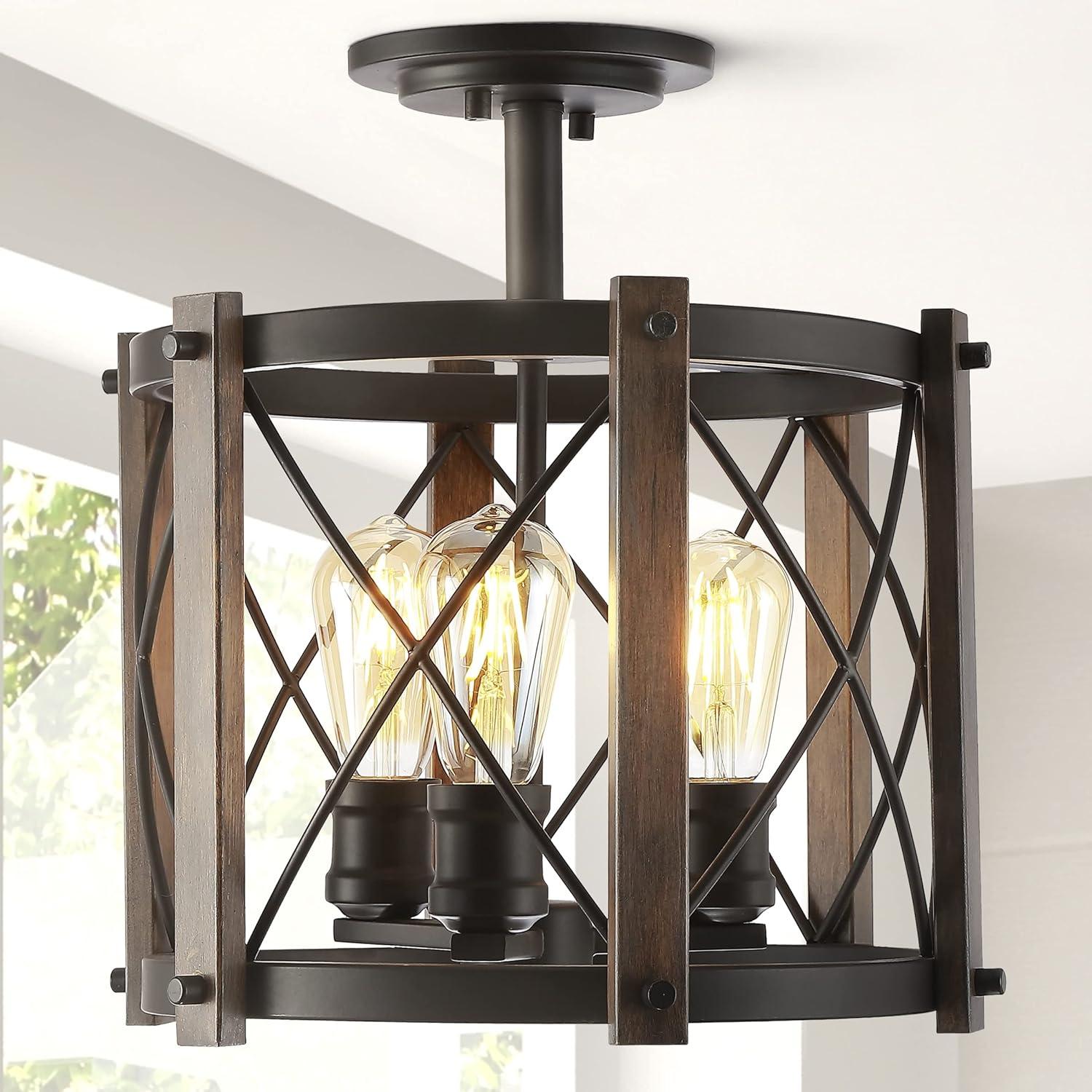 DAFANYA JYL7502A Ferme 14" 3-Light Iron Rustic Farmhouse LED Flush Mount, Industrial, Vintage, Cottage, Dimmable, 2700K Cozy Warm Light Kitchen,Bathroom,Stairwell, Oil Rubbed Bronze/Brown