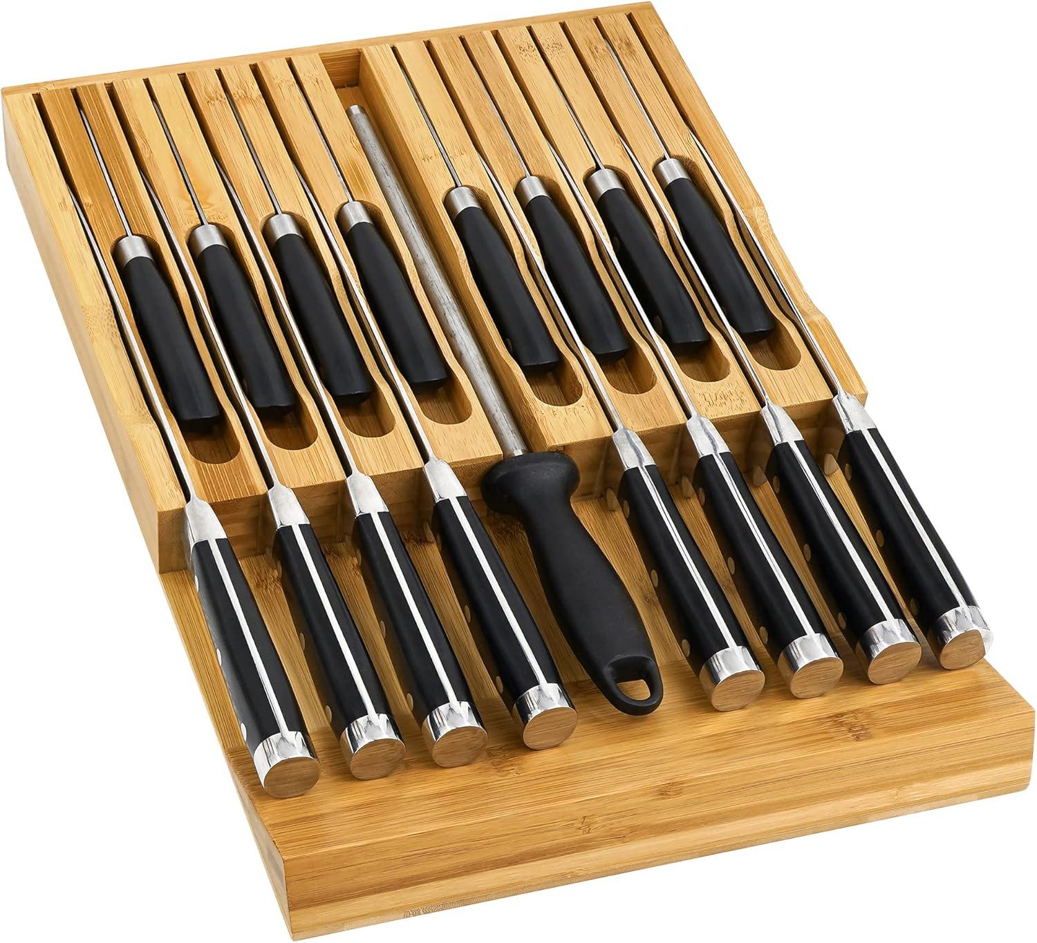 In-Drawer Knife Block,Bamboo Knife Drawer Organizer Insert, Kitchen Knife Drawer Storage for 16 Knives a Slot for your Knife Sharpener (Without Knives)