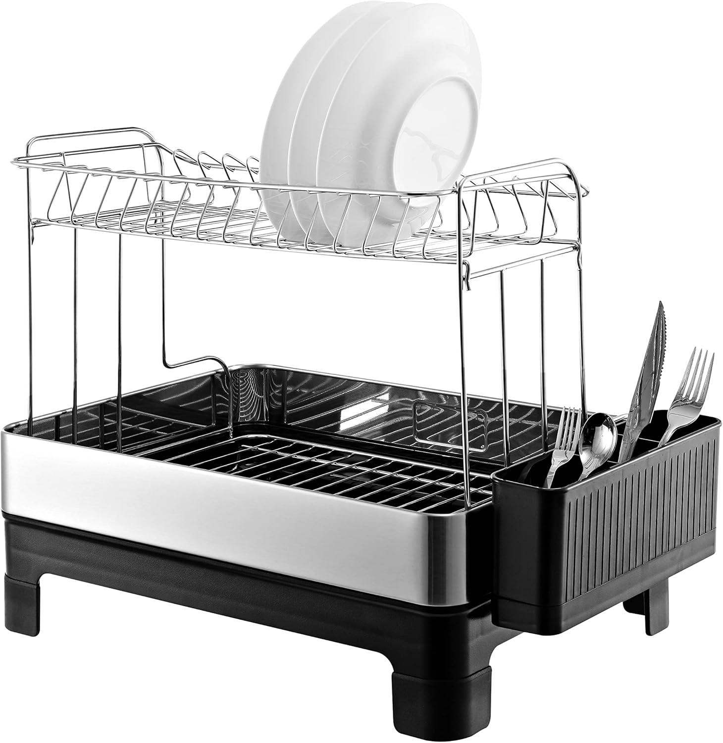 happimess Simple 20.75" Fingerprint-Proof Stainless Steel 2-Tier Dish Drying Rack with Swivel Spout Tray, Stainless Steel/Black