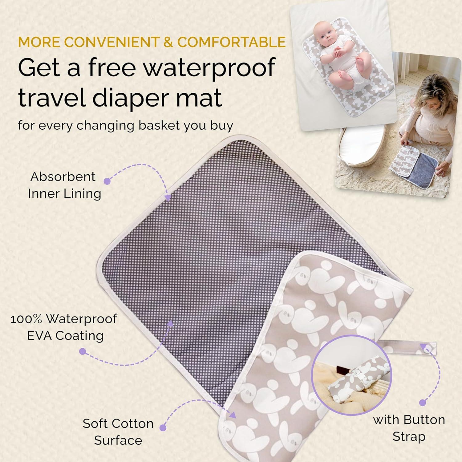 Baby Changing Basket, Portable Diaper Changing Pad, Moses Basket for Newborns, Changing Table Topper for Baby Nursery, Waterproof Travel Pad Cover, White