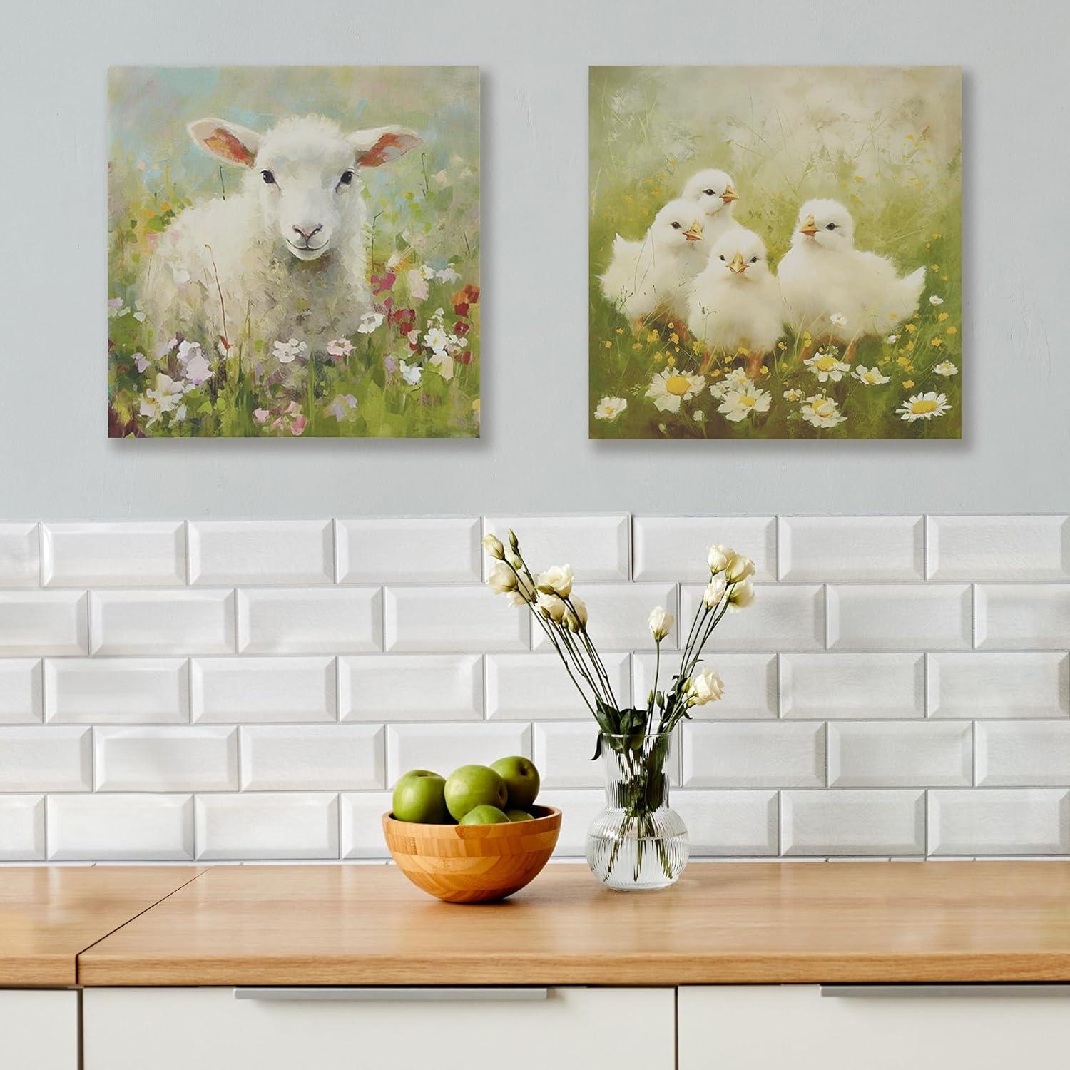 Madison Park 16"x16" Sunshine Happy Farm Animals Canvas Wall Decor Art Green