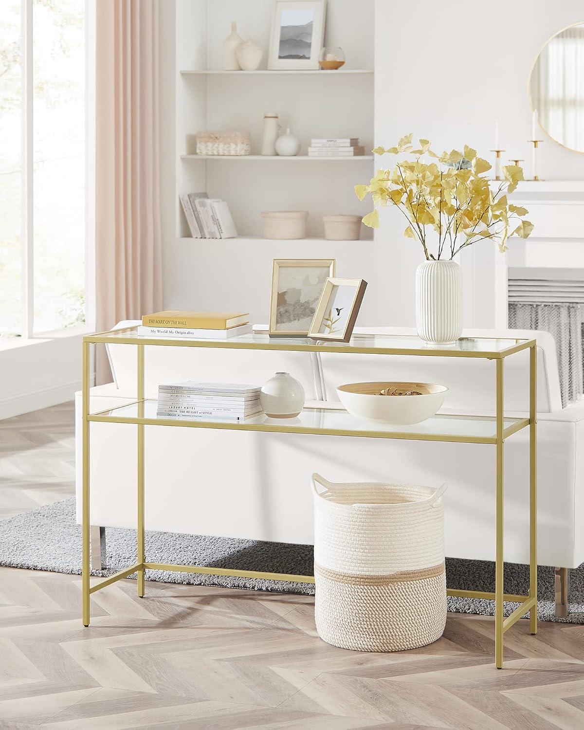 VASAGLE 47.2" Console Sofa Table Modern Entryway Table Tempered Glass Table 2 Shelves for Living Room Hallway Gold Color