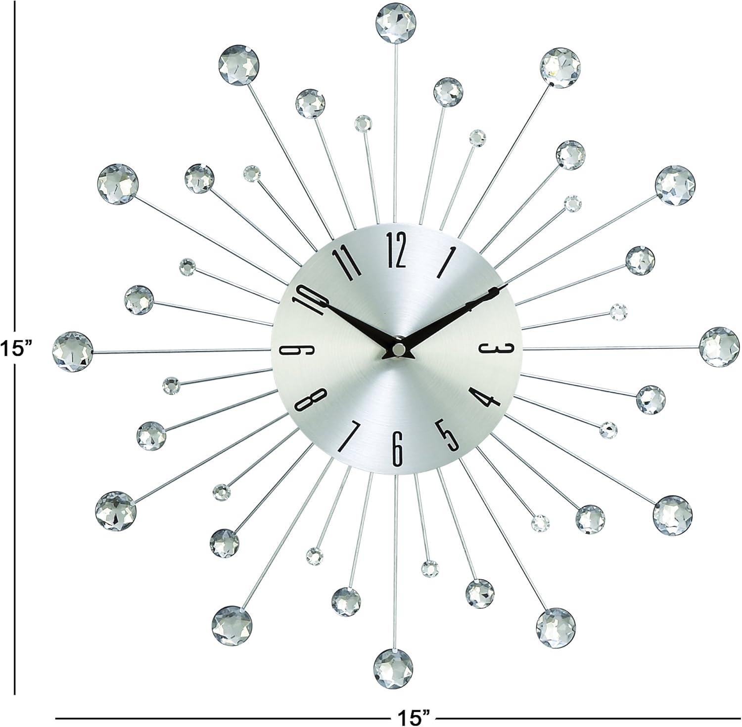 DecMode 15" Silver Metal Starburst Wall Clock with Crystal Accents