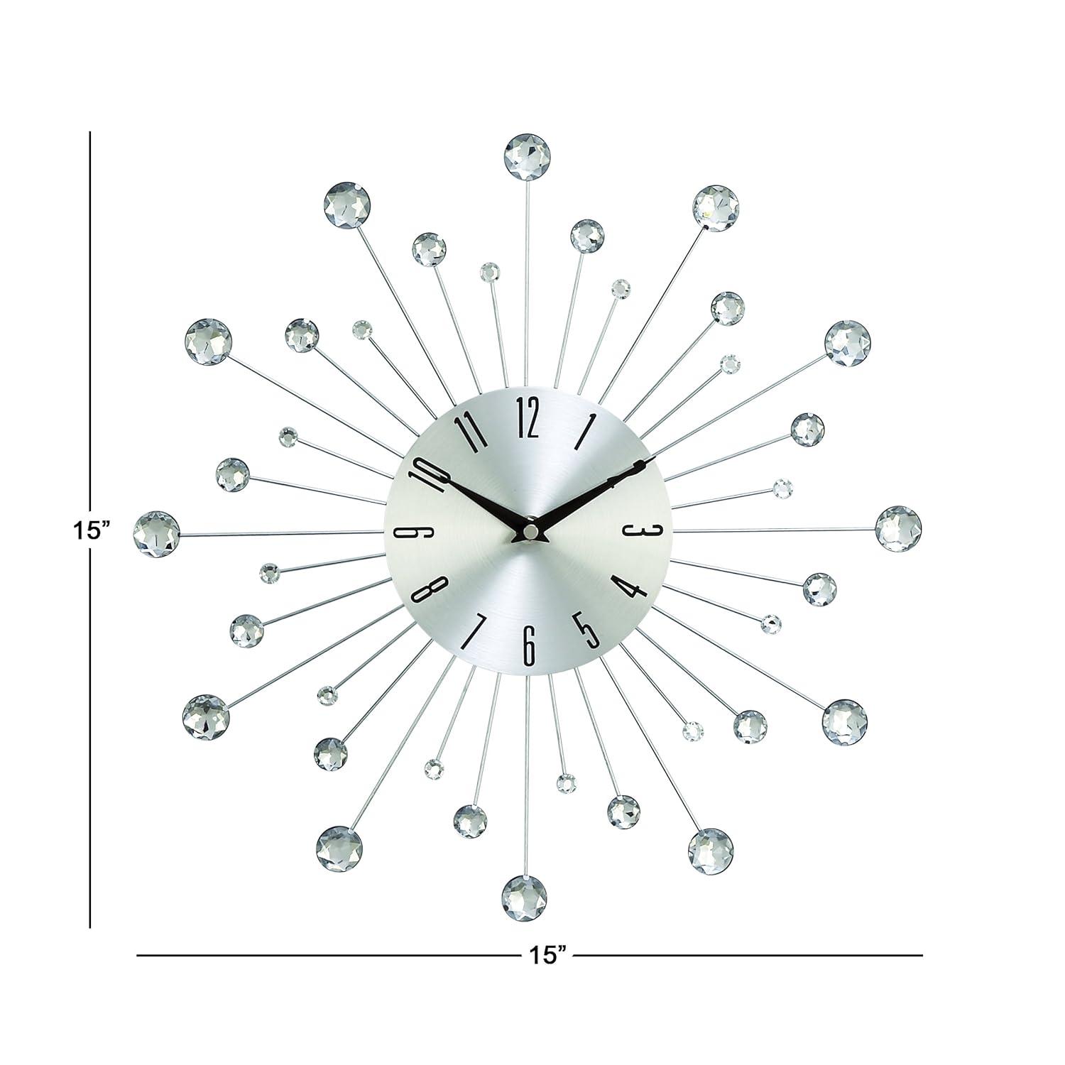 DecMode 15" Silver Metal Starburst Wall Clock with Crystal Accents