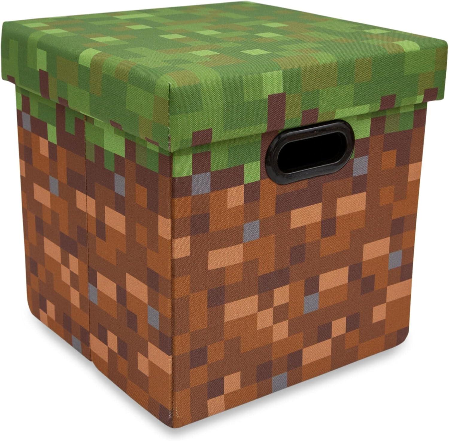 Ukonic Minecraft Grassy Block Fabric Storage Bin Cube Organizer with Lid | 13 Inches