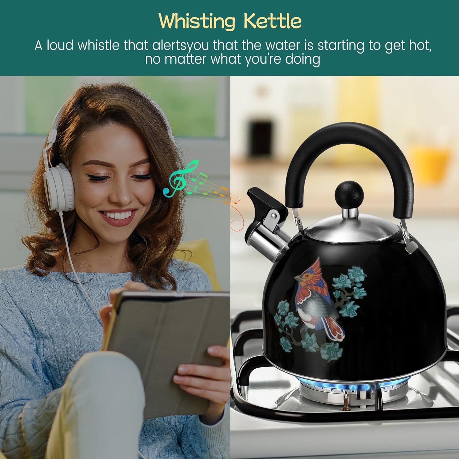 ARC Stainless Steel  2QT Whistling Tea Kettle - Black - Magic Color Changing Design Tea Pot - Ergonomic Handle Stovetop Whistle Kettle - Free Folding Cup and Trivet Mat Included