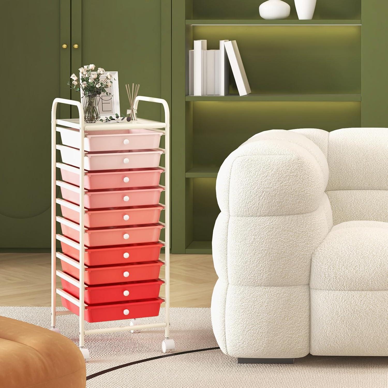Giantex 10-Drawer Storage Cart w/Universal Wheel, Rolling Cart w/Handle, Home Organizer Storage Unit w/Removable Drawers, Trolley Utility Cart for Kitchen Makeup Living Room Office Play Room