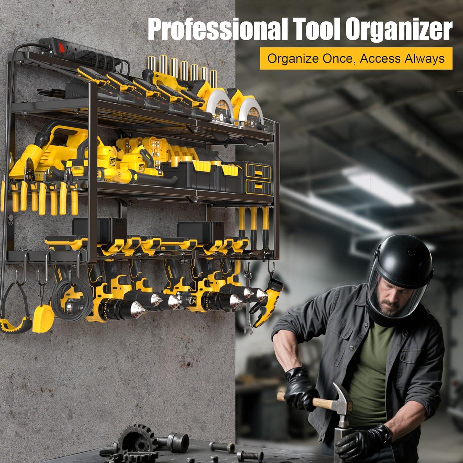 Spampur Power Tool Organizer Wall Mount with Charging Station, Garage Tool Shelf 6 Drill Holders, Tool Battery Holder with Plier holder Heavy Duty Rack, Tool Storage Rack with 4 Outlet Power Strip